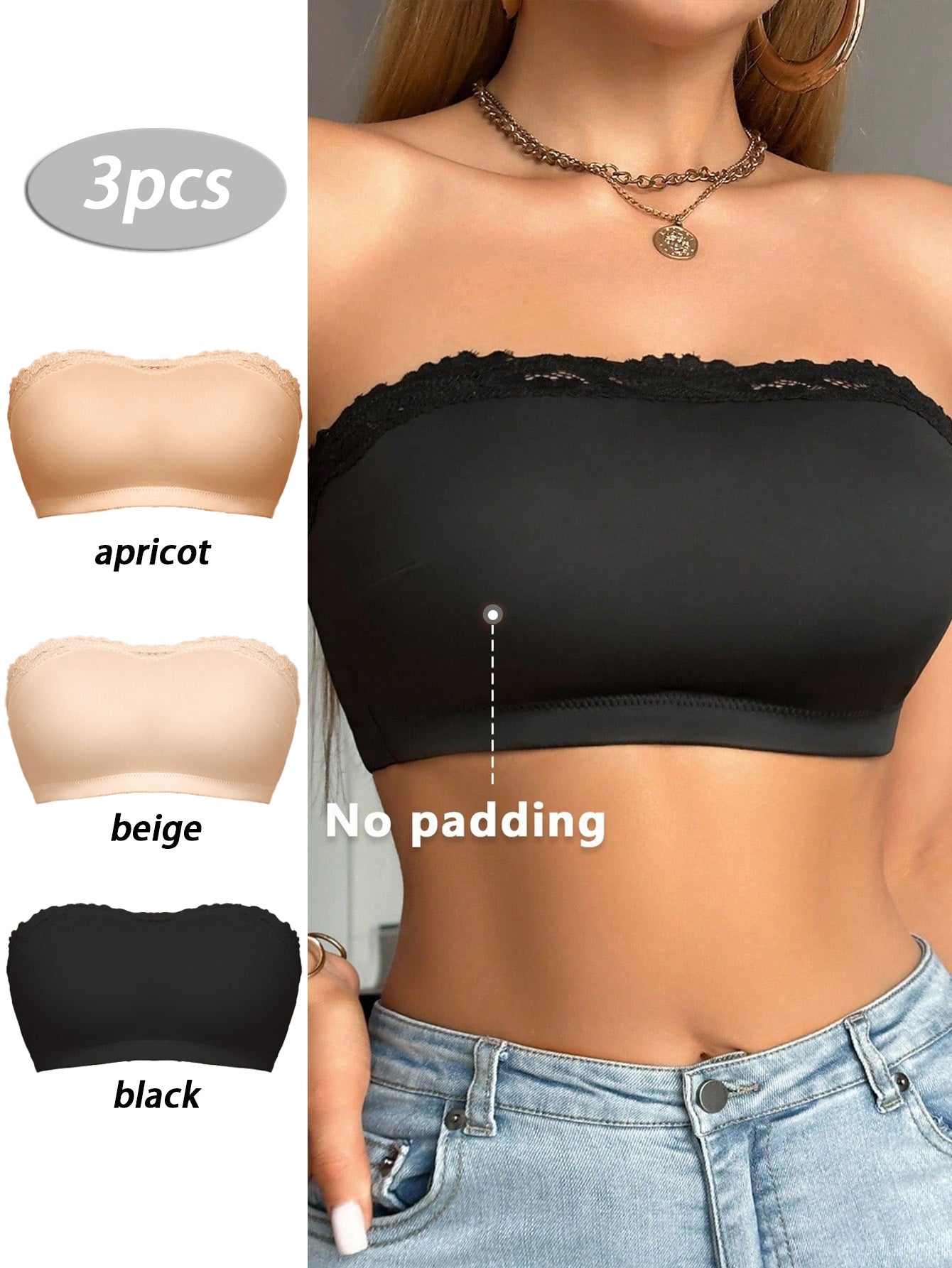 3pcs Women'S Wire-free Strapless Seamless Bralette Multi-Color Combo Lace Edges Soft Comfort Fit For Bodysuits Casual Wear