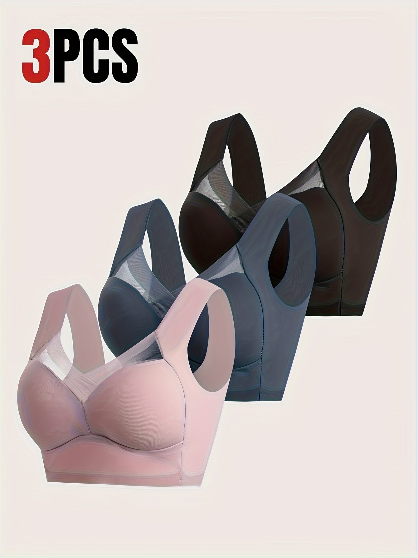 3pcs Women'S Seamless Wireless Bras - Breathable Full Coverage Mesh Panel Design, Cross Wrap Thin Lift & Side Breast Coverage, Soft Pink/Beige/Light Blue, Non-Removable Padded Cups for Yoga, Running, Gym & Everyday Comfort, Yoga Accessories, Elegant