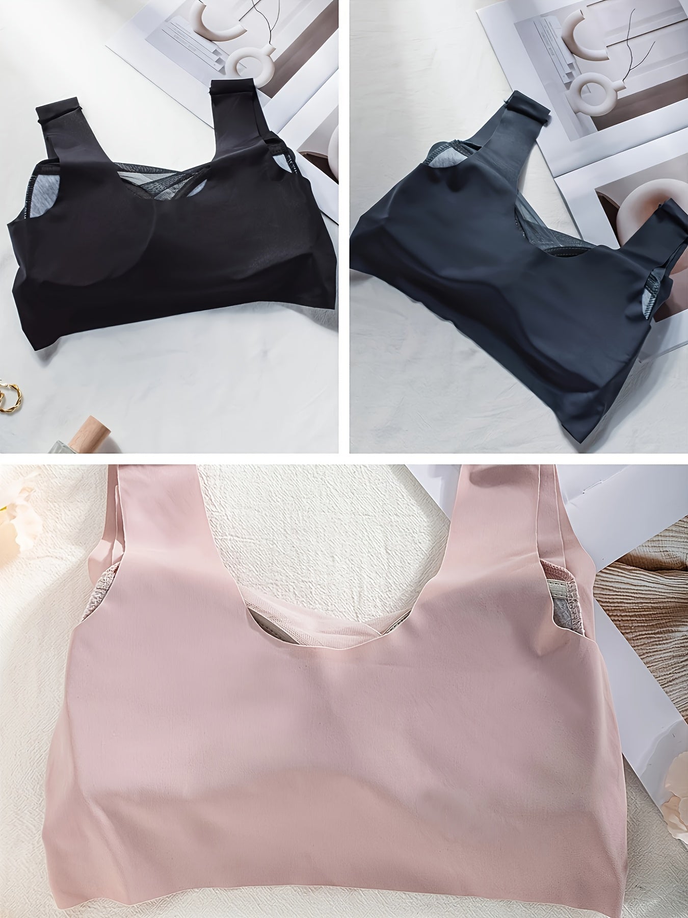 3pcs Women'S Seamless Wireless Bras - Breathable Full Coverage Mesh Panel Design, Cross Wrap Thin Lift & Side Breast Coverage, Soft Pink/Beige/Light Blue, Non-Removable Padded Cups for Yoga, Running, Gym & Everyday Comfort, Yoga Accessories, Elegant