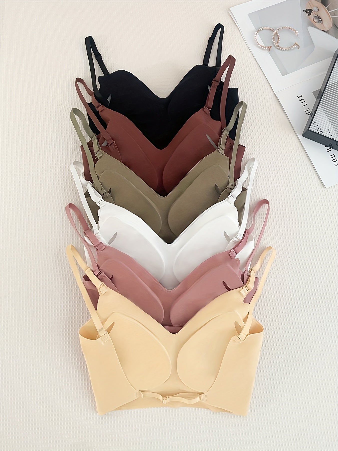 6pcs Women'S Seamless Wireless Bras - Comfortable, Thin Design, Full Coverage, Anti-Sagging & Lift, Nylon Fabric, Smooth Silhouette, High Support, Elegant Neckline Style