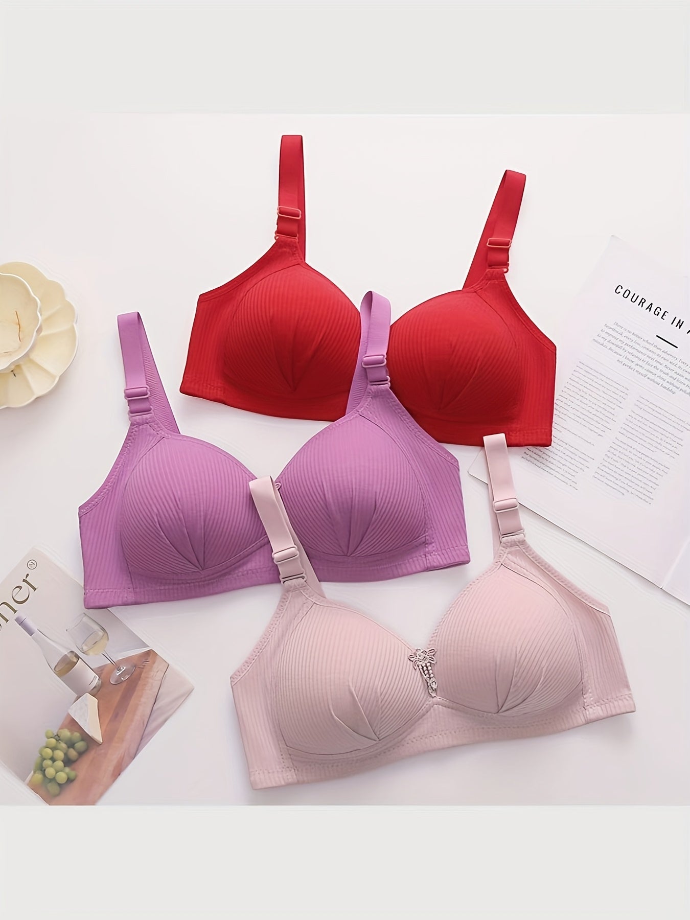 6 Wireless Full - Cup Bras for Women, with Vertical Pleats And Tassel Details - Seamless And Comfortable, No Detachable Pads, Soft And Breathable Fabric, Available in 6 Colors (Black/ Red/ Purple/ Pink/ Beige/ Light Green)