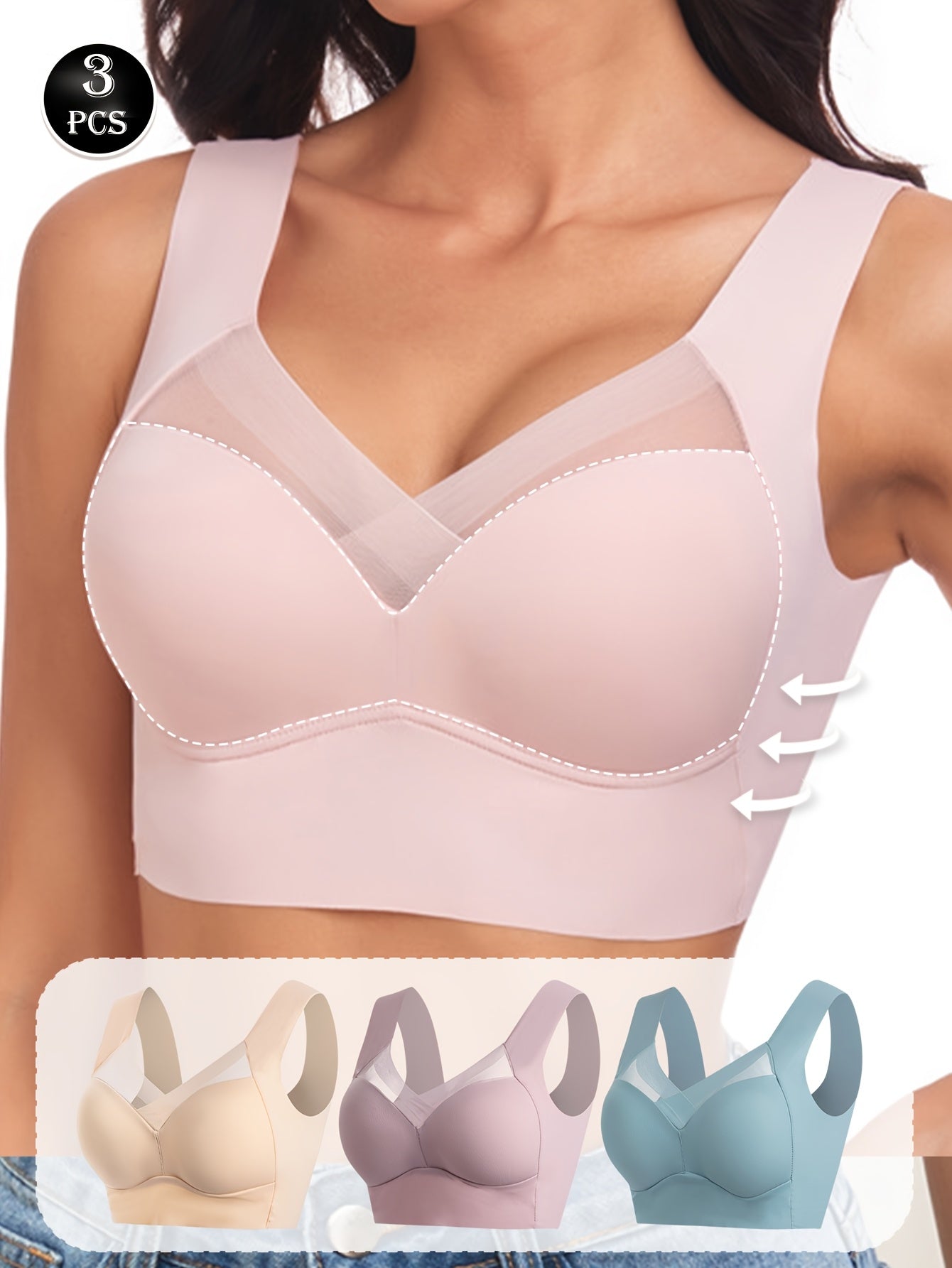 3pcs Women'S Seamless Wireless Bras - Breathable Full Coverage Mesh Panel Design, Cross Wrap Thin Lift & Side Breast Coverage, Soft Pink/Beige/Light Blue, Non-Removable Padded Cups for Yoga, Running, Gym & Everyday Comfort, Yoga Accessories, Elegant