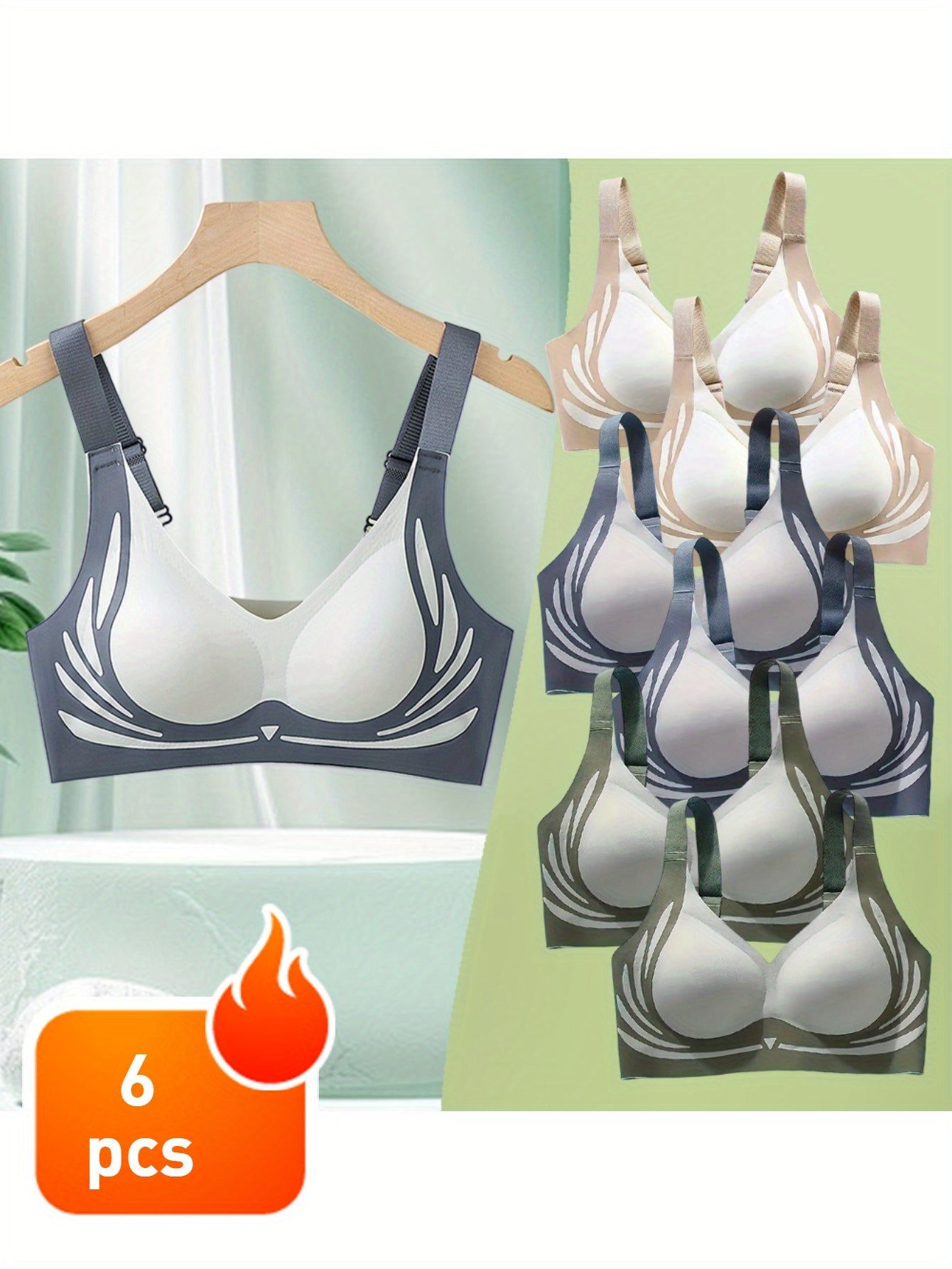 6pcs Seamless Push Up Bralettes for Women - Wire-Free Medium Support, Non-Slip Soft Fabric, Solid & Color Block Design, Comfortable Daily Wear for Casual Outfits