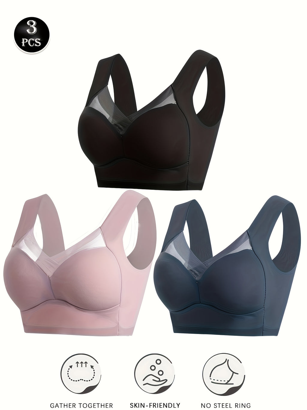 3pcs Women'S Seamless Wireless Bras - Breathable Full Coverage Mesh Panel Design, Cross Wrap Thin Lift & Side Breast Coverage, Soft Pink/Beige/Light Blue, Non-Removable Padded Cups for Yoga, Running, Gym & Everyday Comfort, Yoga Accessories, Elegant