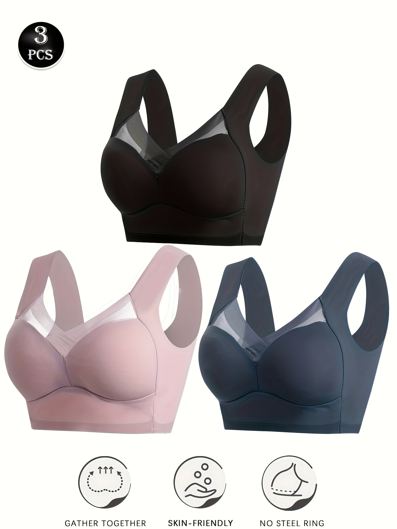 3pcs Women'S Seamless Wireless Bras - Breathable Full Coverage Mesh Panel Design, Cross Wrap Thin Lift & Side Breast Coverage, Soft Pink/Beige/Light Blue, Non-Removable Padded Cups for Yoga, Running, Gym & Everyday Comfort, Yoga Accessories, Elegant