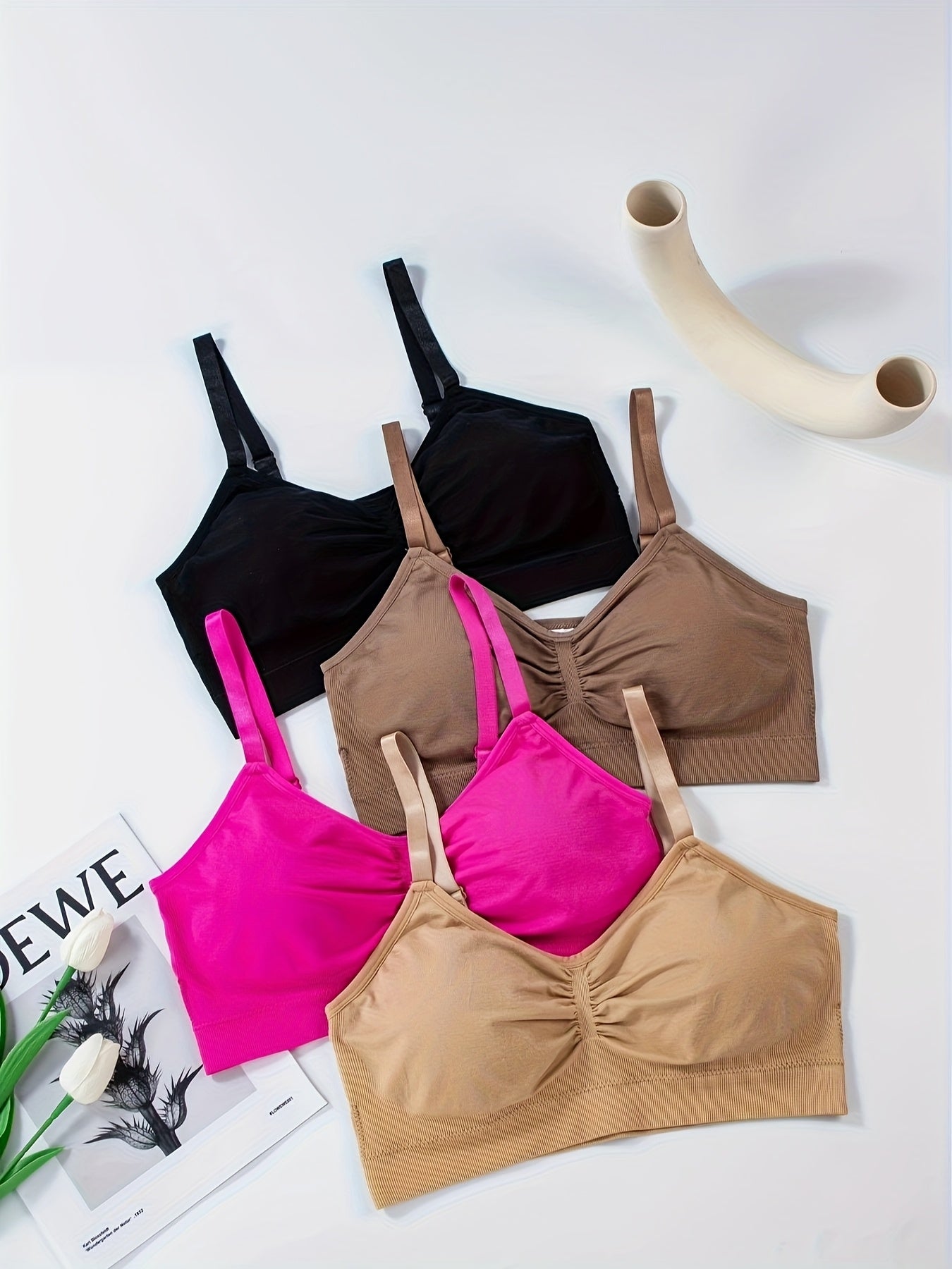[Elegant Seamless Bra] 4pcs Elegant Seamless Bra For Women | Full Coverage, Detachable Chest Pads, No Steel Rings, High-Elasticity Pleated Edge - Yoga, Gym & Daily Wear