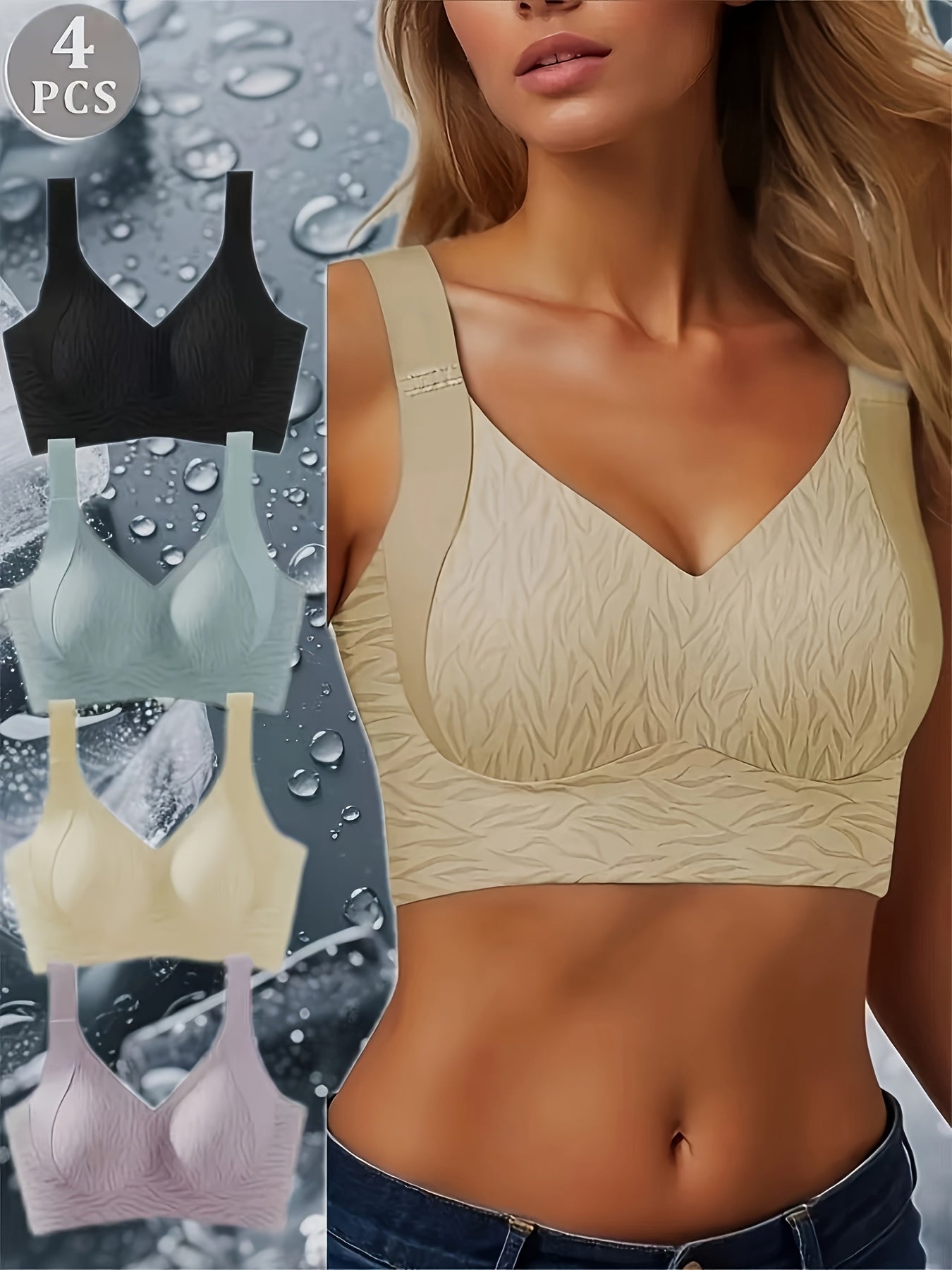 4pcs Women'S High-support Anti-sagging Semi-fixed Seamless Bra And Underwear, Wide Shoulder Straps Without Steel Rings, U-shaped Cup Full Coverage Design, Breathable Nylon Spandex Blend, Bohemian Style Daily Comfortable Casual Underwear