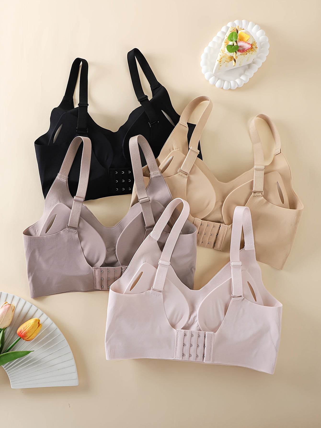 4pcs Women'S Seamless Wireless Bras - Medium Support with Wide Straps & Built-In Padding, Breathable Comfort for Gym, Training & Casual Attire - 4 Colors (Black/Beige/Light Brown/Blush Pink), Gym Workout Clothes, Vneck Bralette, Adjustable Straps,