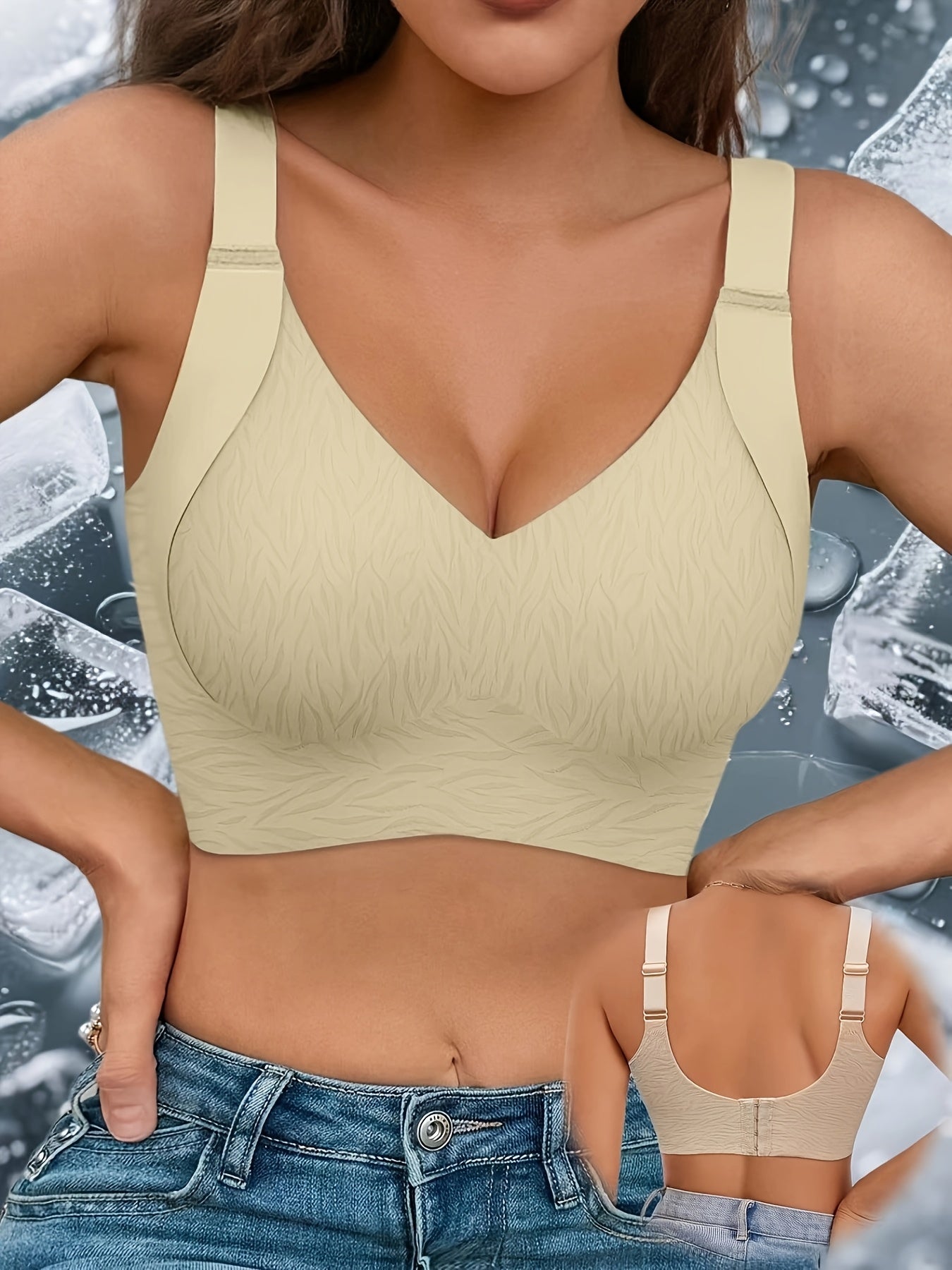 4pcs Women'S High-support Anti-sagging Semi-fixed Seamless Bra And Underwear, Wide Shoulder Straps Without Steel Rings, U-shaped Cup Full Coverage Design, Breathable Nylon Spandex Blend, Bohemian Style Daily Comfortable Casual Underwear