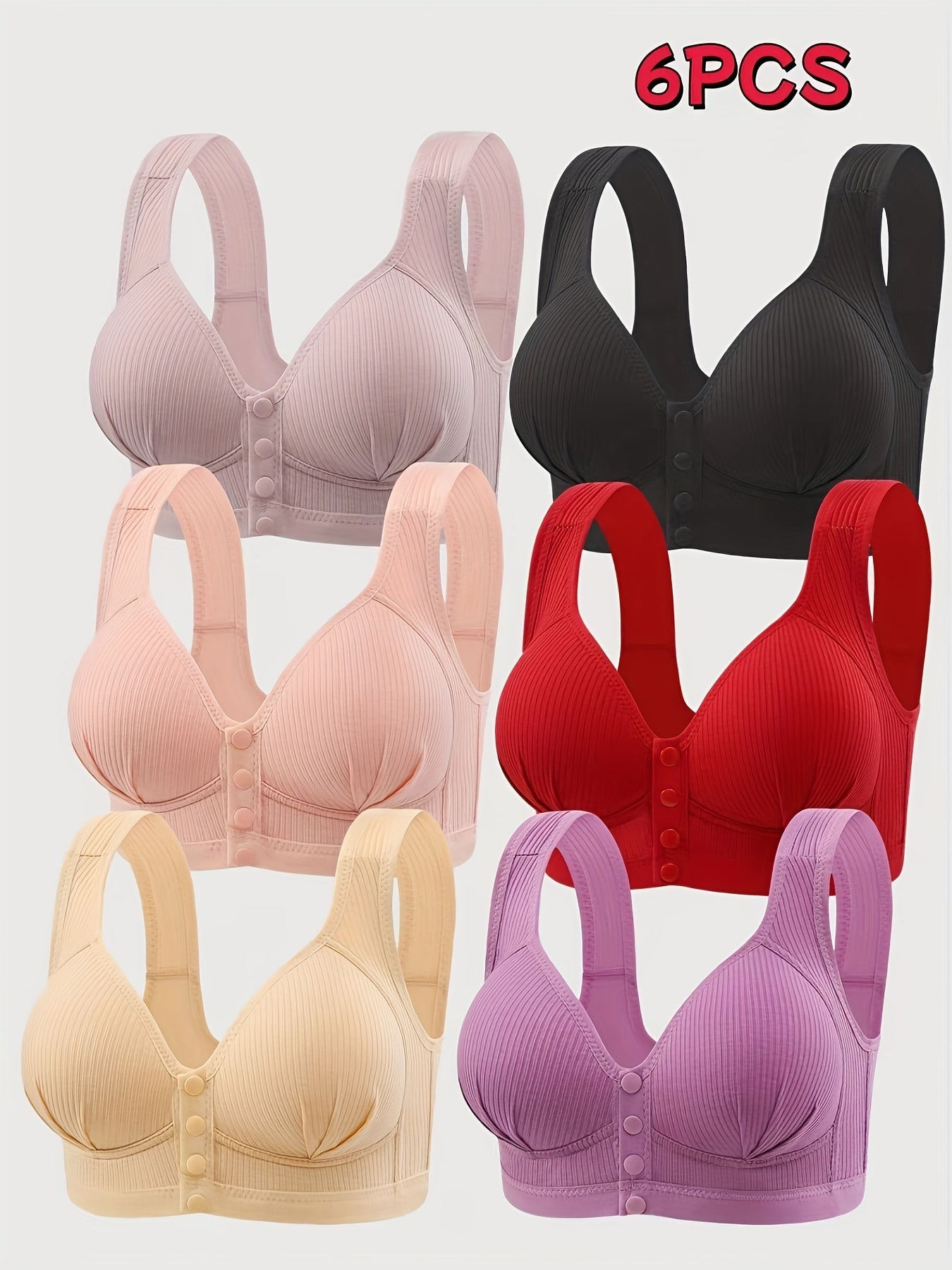 6pcs Front Closure Bras - Wire-Free Everyday & Gym Bras with Full Coverage, Non-Premature Release Front Clasp, Soft Everyday Bras in Pastel Pink/Black/Red/Purple/Beige/ - for Women's Everyday, Workouts, Travel - Bulk Discount, Workout Support Bras, Smooth