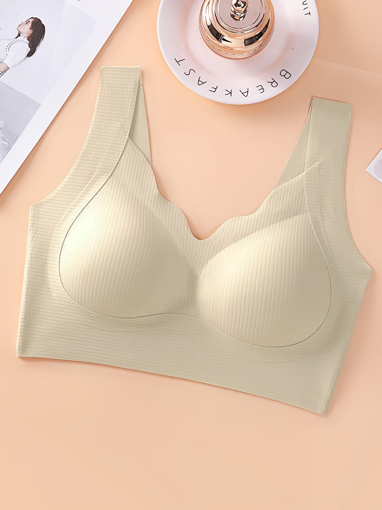 4pcs Women'S Solid Color Wireless No-Underwire Supportive V-Neck Breathable & Comfortable Bra