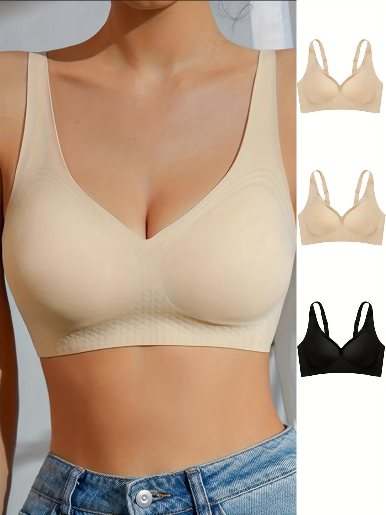 3pcs Seamless V-Neck Wireless Bras with Removable Pads - Ice Silky Cool & Breathable, Quick-Drying Support for Everyday Comfort, Beige/Nude, Black, Light Pink/Beige Blend, Versatile Undergarment | Detachable Padding Bra | Breathable Fabric