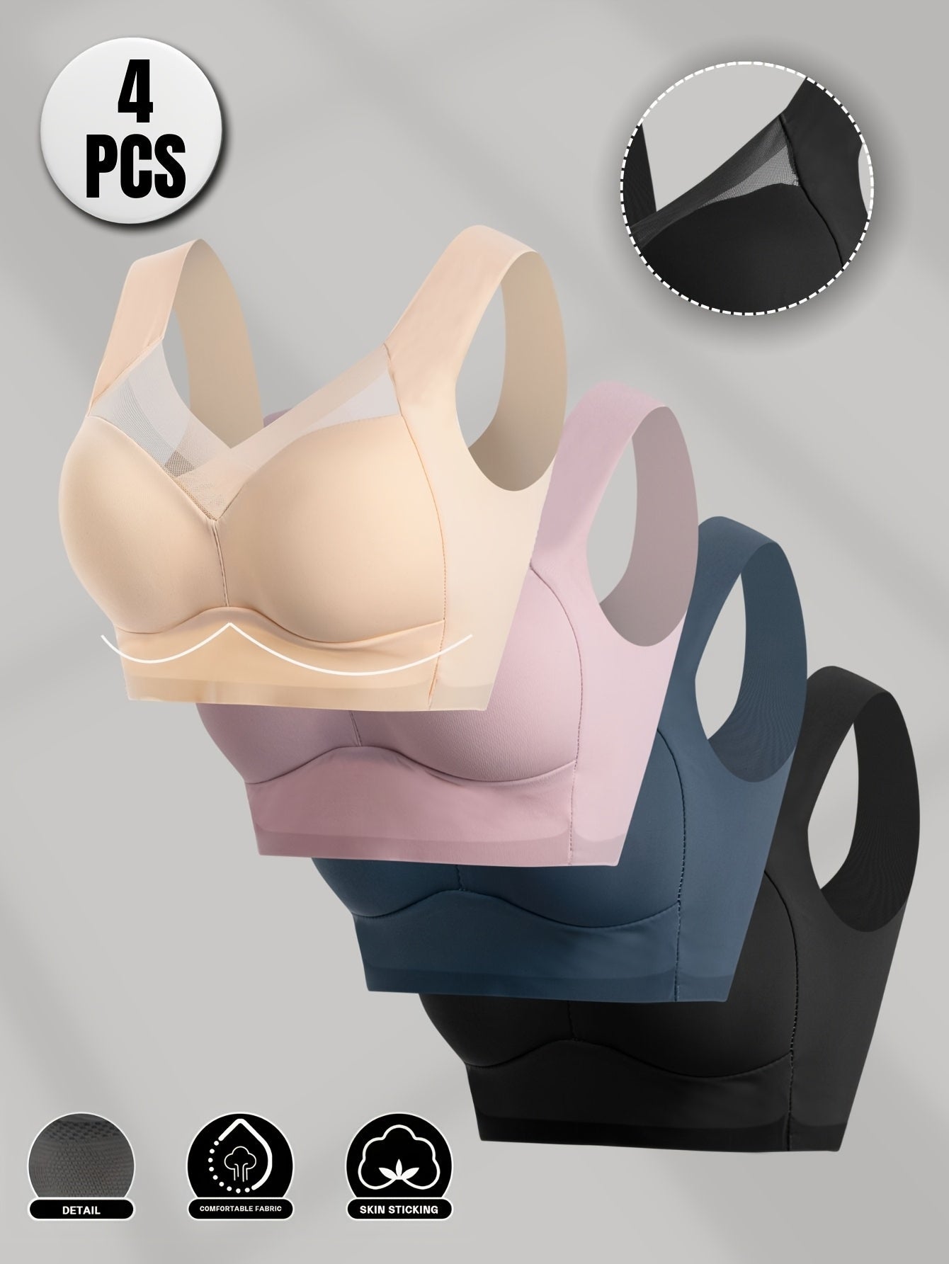 4pcs Seamless Wireless Bras for Women - Breathable Mesh, No Underwire, Full Coverage, Elegant Solid Colors (Black, Beige, Pink, Light Blue/Turquoise), Comfortable Everyday Wear | Simple Design Nylon-Elastic Fiber Blend
