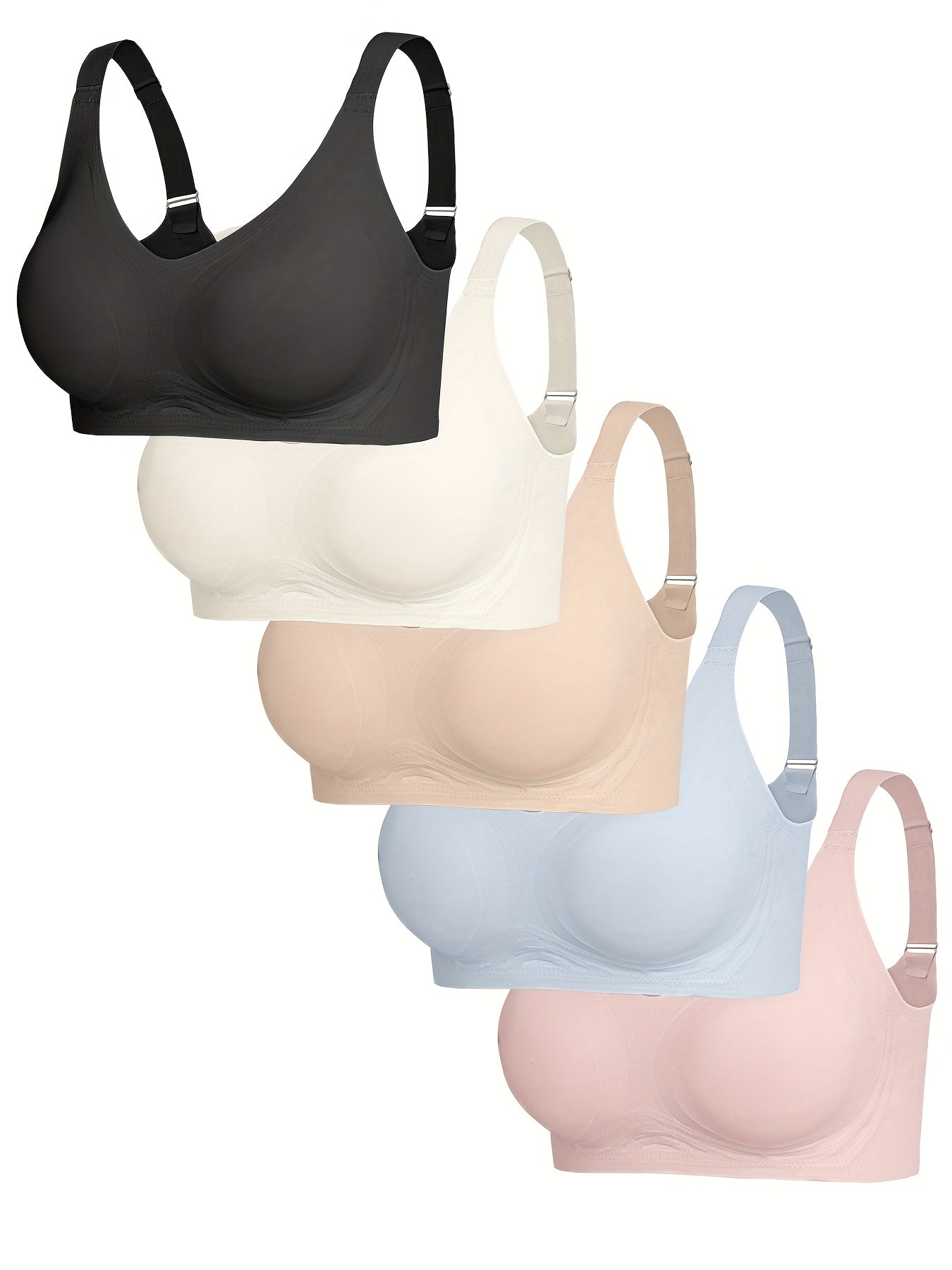 5pcs EssElegance Adjustable Back Hook Seamless Wire-Free High-Impact Sports Bras with Removable Pads, V-Neck Comfort Fit for Gym, Outdoor & Daily Wear (Black/White/Light Pink/Beige/Pink), Gym Wear, Adjustable Straps, Durable Construction, Supportive Bra,
