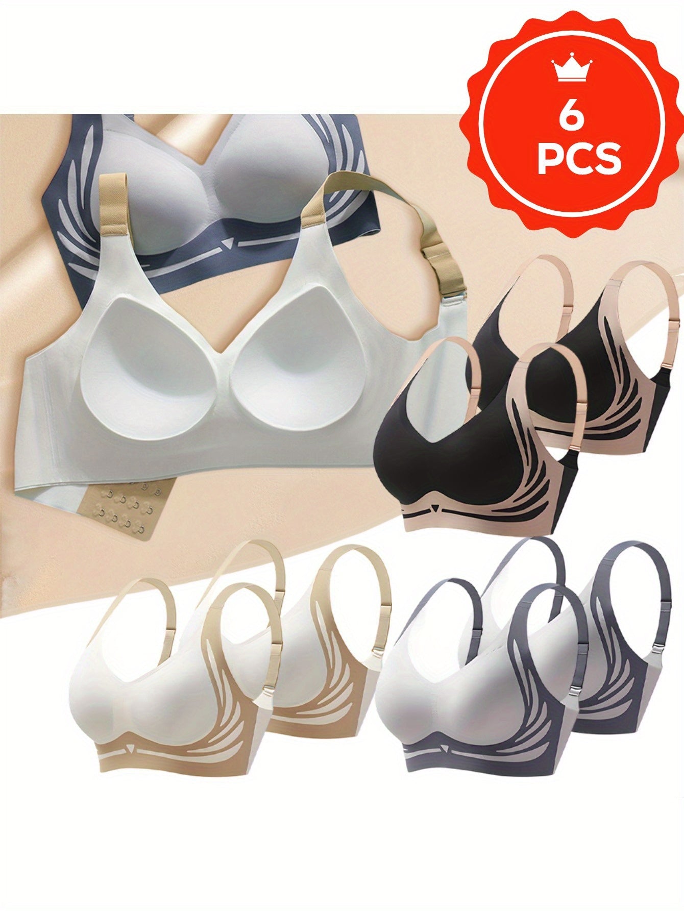 6pcs Seamless Push Up Bralettes for Women - Wire-Free Medium Support, Non-Slip Soft Fabric, Solid & Color Block Design, Comfortable Daily Wear for Casual Outfits