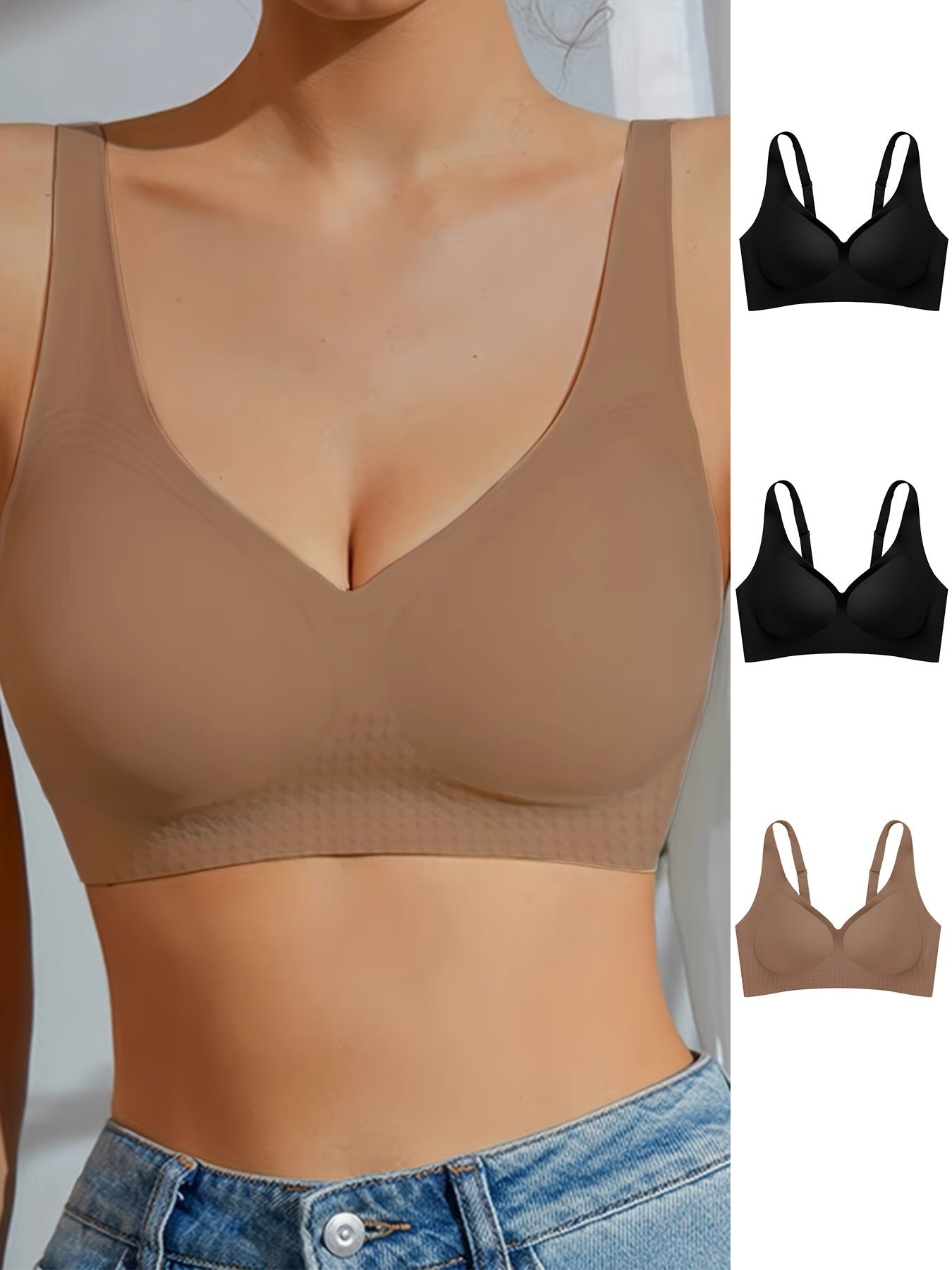 3pcs Seamless V-Neck Wireless Bras with Removable Pads - Ice Silky Cool & Breathable, Quick-Drying Support for Everyday Comfort, Beige/Nude, Black, Light Pink/Beige Blend, Versatile Undergarment | Detachable Padding Bra | Breathable Fabric