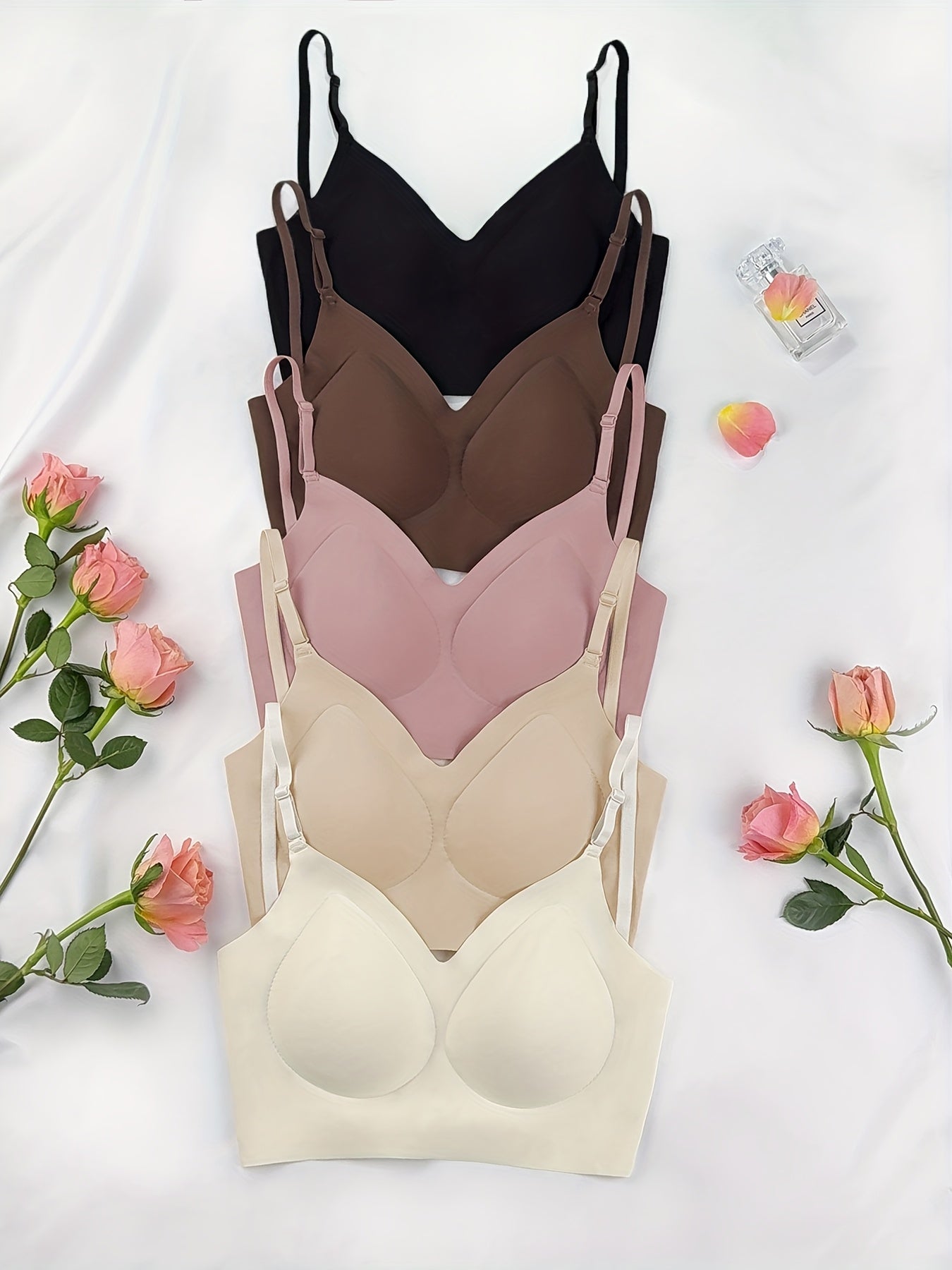 5pcs Women's Summer Seamless Open-Back T-Shirt Bras - Wire-Free, Removable Padding, Breathable Nylon/Spandex Blend - No Padding Design for Lightweight Comfort, 5 Colors (Black/Brown/Peach/Apricot/Champagne) - Gym & Casual Wear