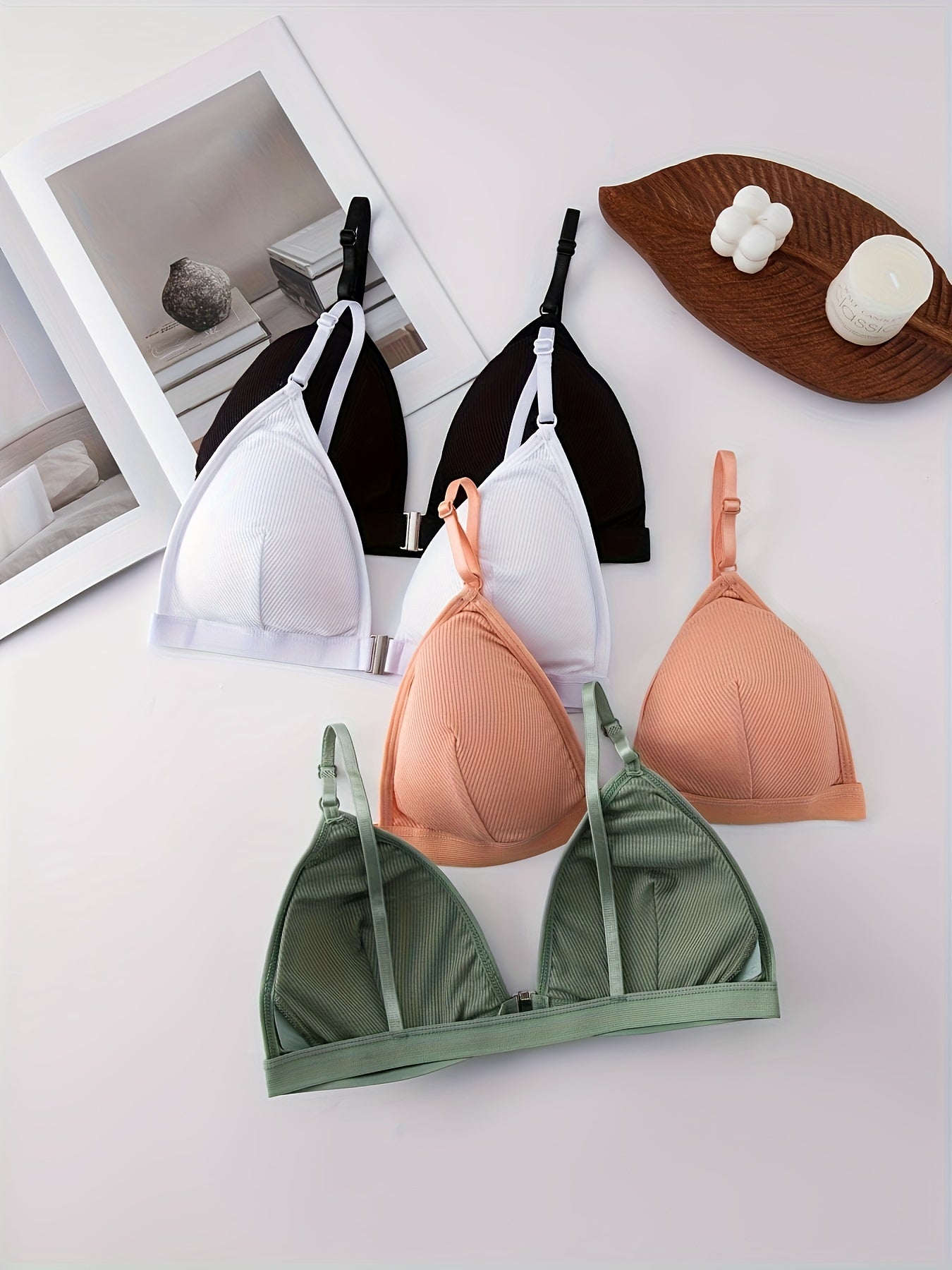 [Comfortable Wireless Bras] 4pcs Women's Wireless Bras - Comfortable & Breathable, Wire-Free with Removable Pads, Everyday Basic Style - Black/Pink/White/Light Green, Suitable for Teens and Adults, Minimalist Design, Seamless Material, Lightweight &