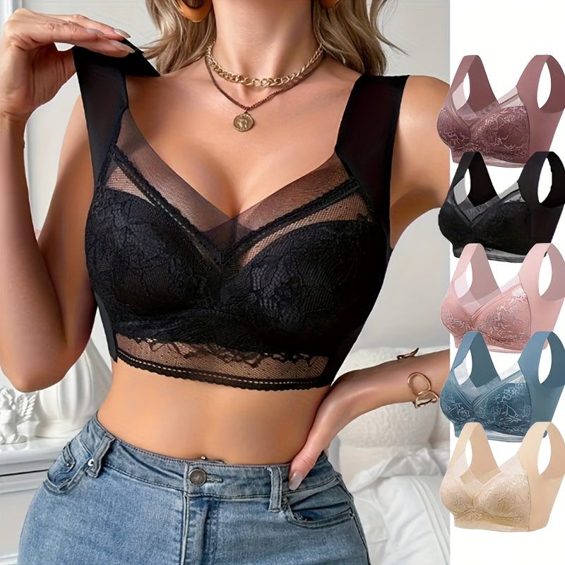 5pcs Women'S Seamless Sports Bras - Wireless, Lace-Trimmed, Breathable Nylon Blend, Non-Padded, Elegant Design for Active Lifestyle, Assorted Colors (Black, White, Blue, Beige, Brown)