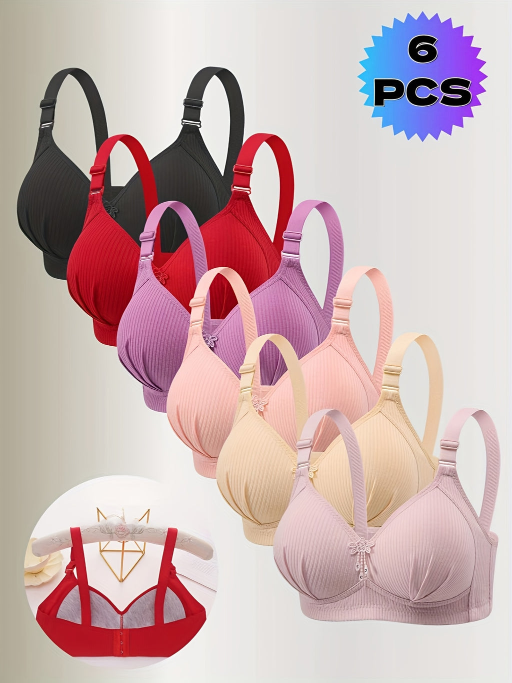 6 Wireless Full - Cup Bras for Women, with Vertical Pleats And Tassel Details - Seamless And Comfortable, No Detachable Pads, Soft And Breathable Fabric, Available in 6 Colors (Black/ Red/ Purple/ Pink/ Beige/ Light Green)