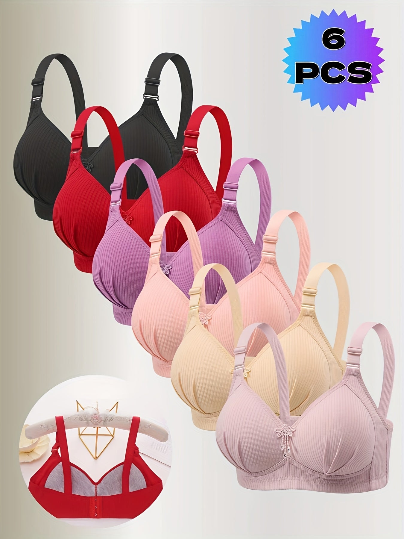 6 Wireless Full - Cup Bras for Women, with Vertical Pleats And Tassel Details - Seamless And Comfortable, No Detachable Pads, Soft And Breathable Fabric, Available in 6 Colors (Black/ Red/ Purple/ Pink/ Beige/ Light Green)