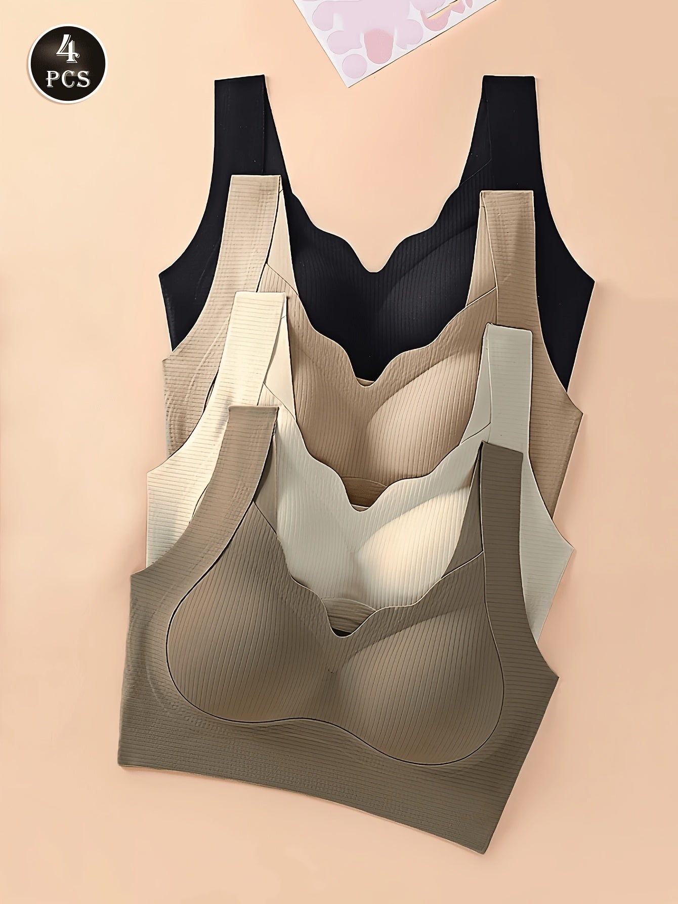 4pcs Women'S Solid Color Wireless No-Underwire Supportive V-Neck Breathable & Comfortable Bra