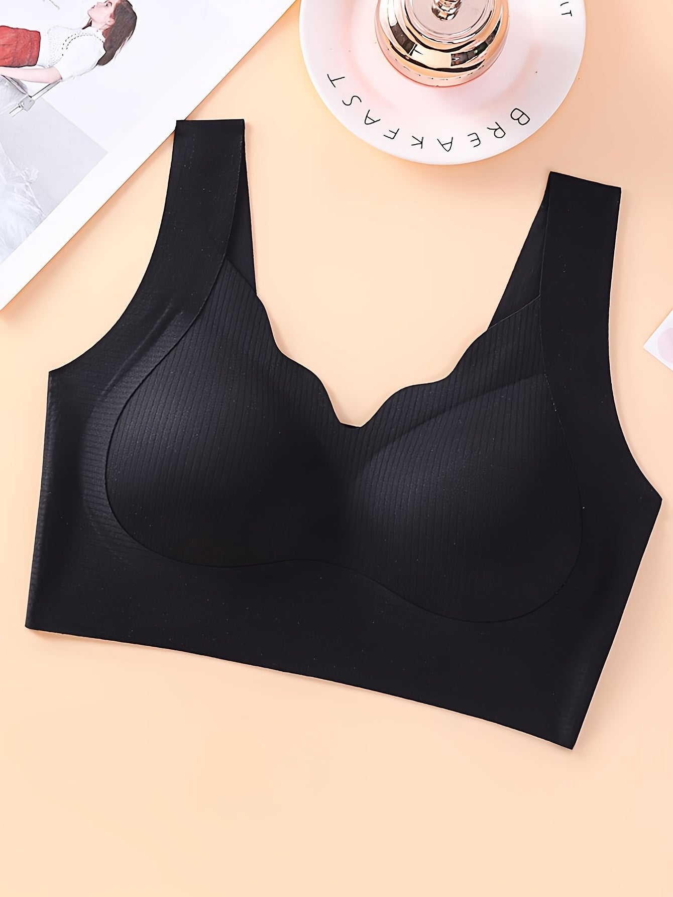 4pcs Women'S Solid Color Wireless No-Underwire Supportive V-Neck Breathable & Comfortable Bra