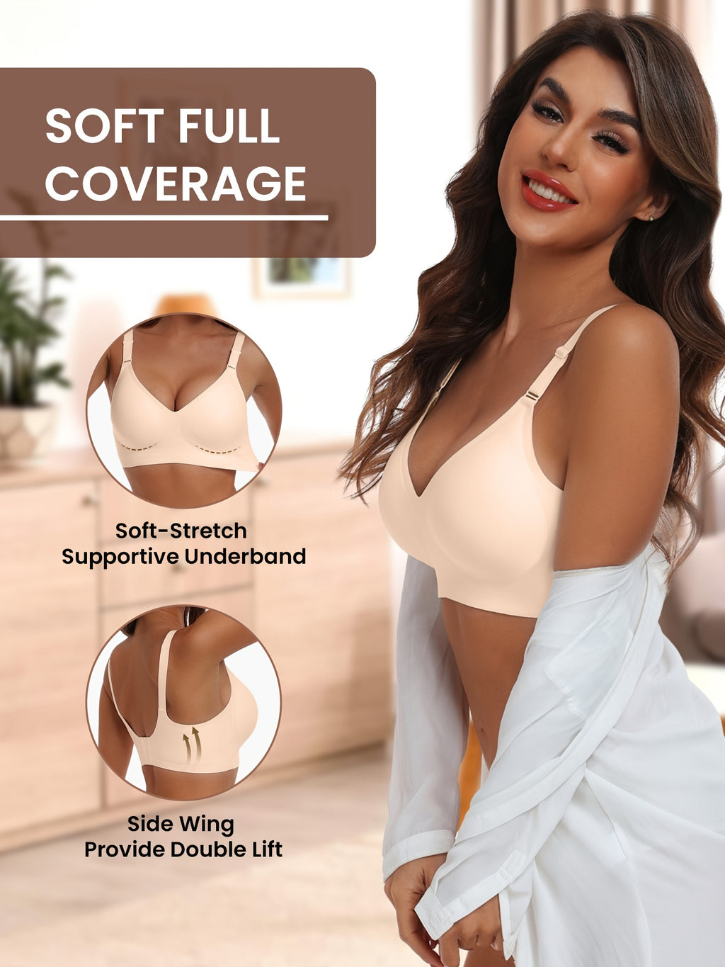 Wirefree Seamless Comfort Bra -V Neck, Semi-Padded, Adjustable Straps, Everyday T-Shirt Bra for Women