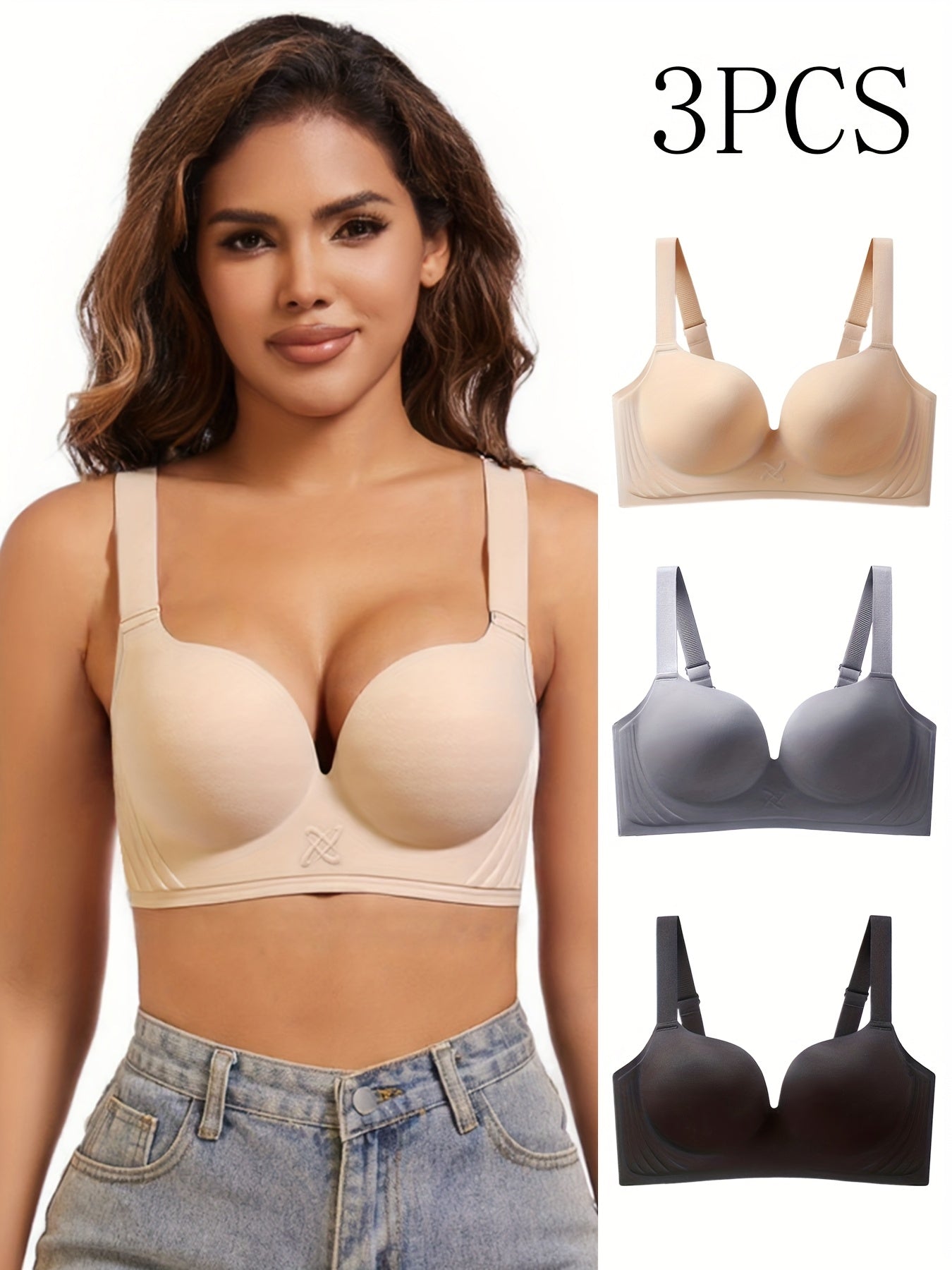 3pcs New Comfortable Seamless Underwear for Women, Thin Deep V, Posterior Contour, Anti-Sagging, No Underwire, Small Bust, Gathered