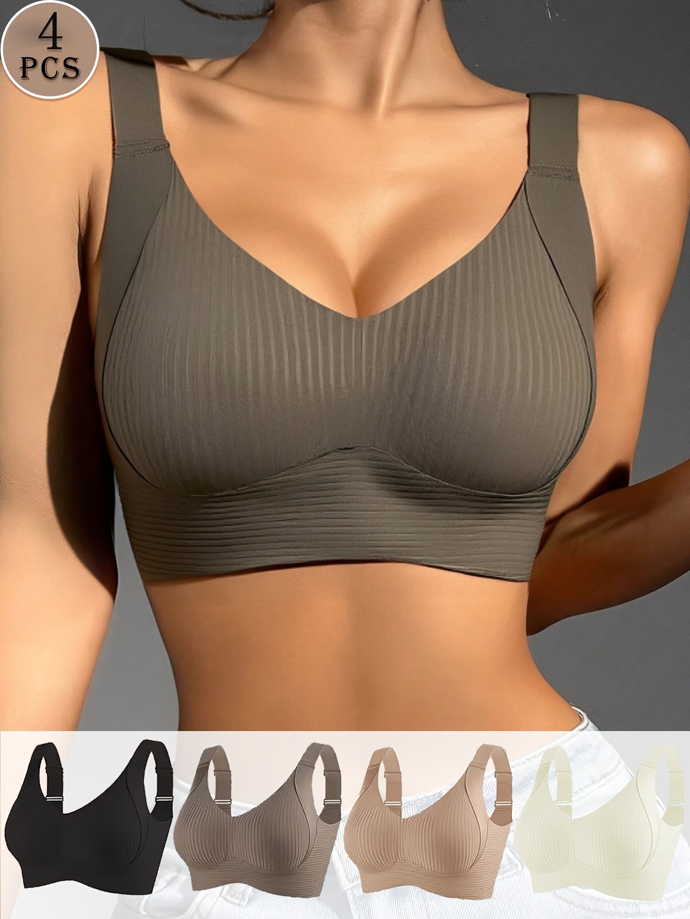 [Seamless Push-Up Bras] 4pcs Women's Seamless Wire-Free Push-Up Bras | Anti-Gravity Lift, Adjustable Wide Shoulder Straps, Full Cup Coverage Non-Removable Padding - Everyday Bras for Gym, Work, Casual - Black, Dark Olive Green, Blush Beige, White -