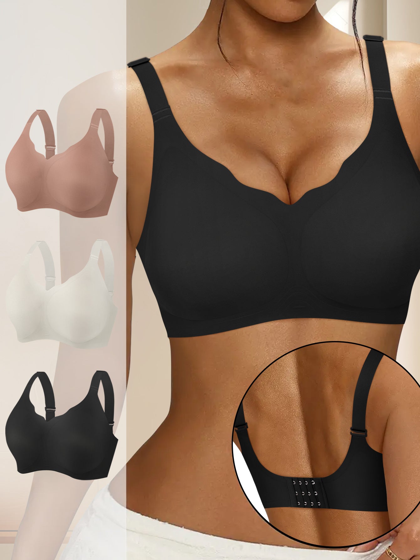 Women's Everyday Full Coverage Bra - Light Support Adjustable Strap No Underwire Smooth Finish Soft Comfort Fit - Classic Elegant Everyday Bra for Daily Wear, Office, Yoga & Layering - Solid Colors (Black, White, Beige, Light Blue) - Hand Washable