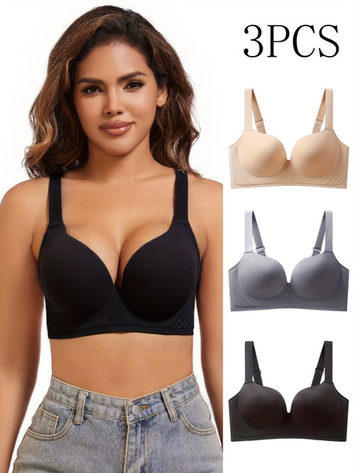 3pcs New Comfortable Seamless Underwear for Women, Thin Deep V, Posterior Contour, Anti-Sagging, No Underwire, Small Bust, Gathered