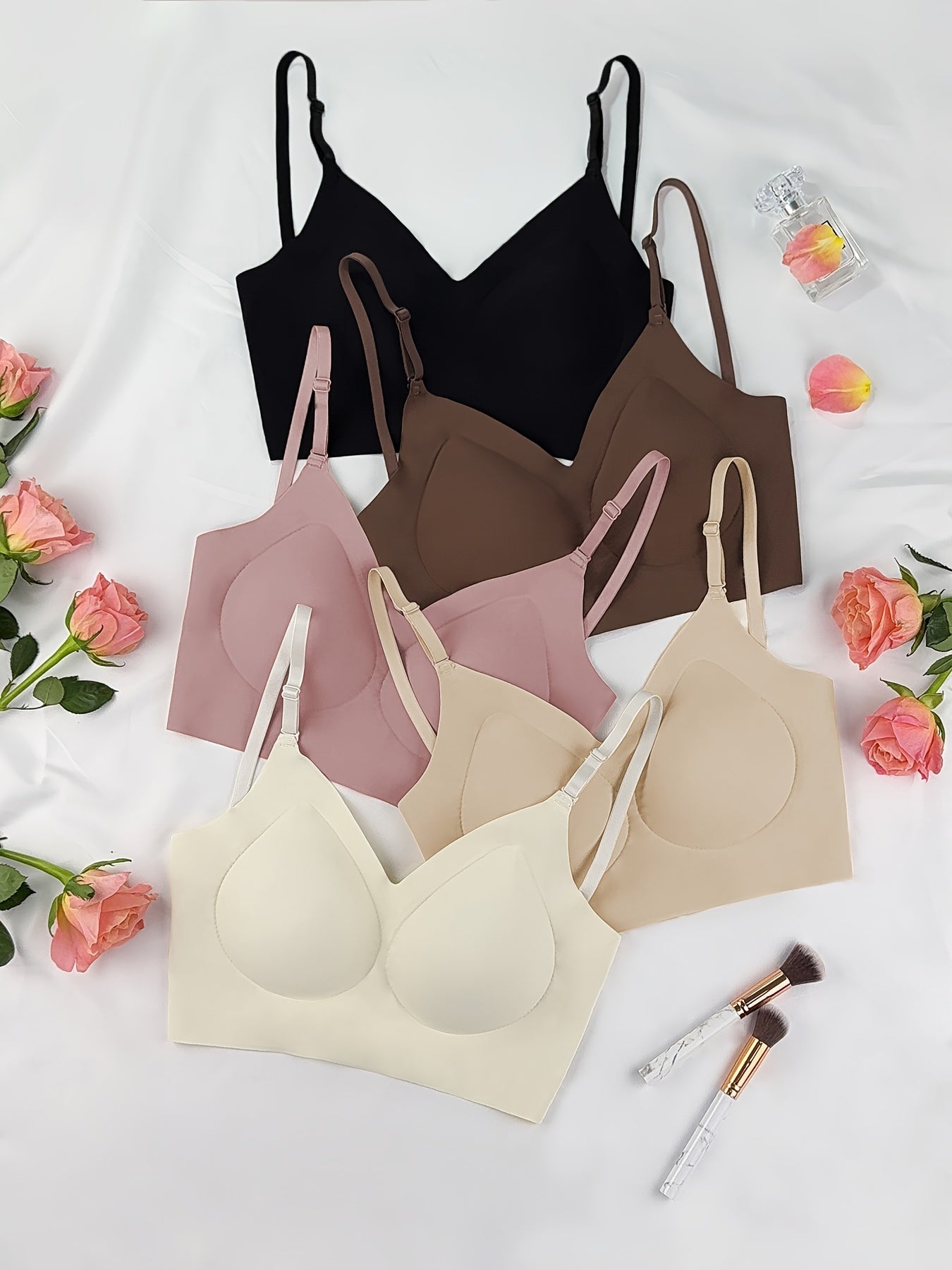 5pcs Women's Summer Seamless Open-Back T-Shirt Bras - Wire-Free, Removable Padding, Breathable Nylon/Spandex Blend - No Padding Design for Lightweight Comfort, 5 Colors (Black/Brown/Peach/Apricot/Champagne) - Gym & Casual Wear
