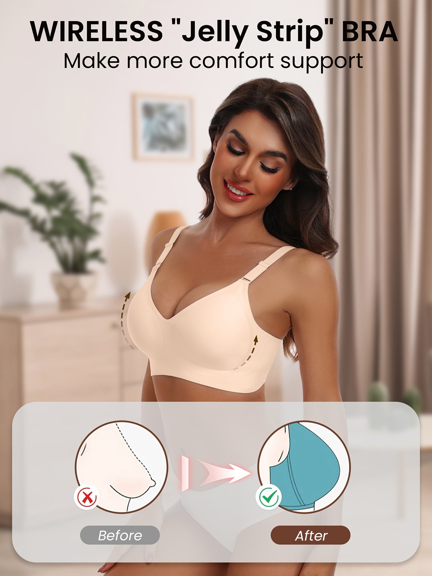 Wirefree Seamless Comfort Bra -V Neck, Semi-Padded, Adjustable Straps, Everyday T-Shirt Bra for Women