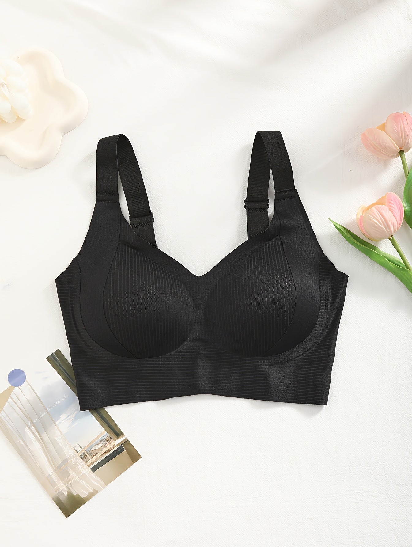 4pcs Women's Wire-Free Soft Bralettes - Medium Support Wide Strap Strapless Bras with Non-Removable Padding, Elegant Solid Colors (Black/Brown/White/Beige), Everyday Comfort & Light Beige-Friendly Fabric, Machine Washable - No Underwire for Sensitive