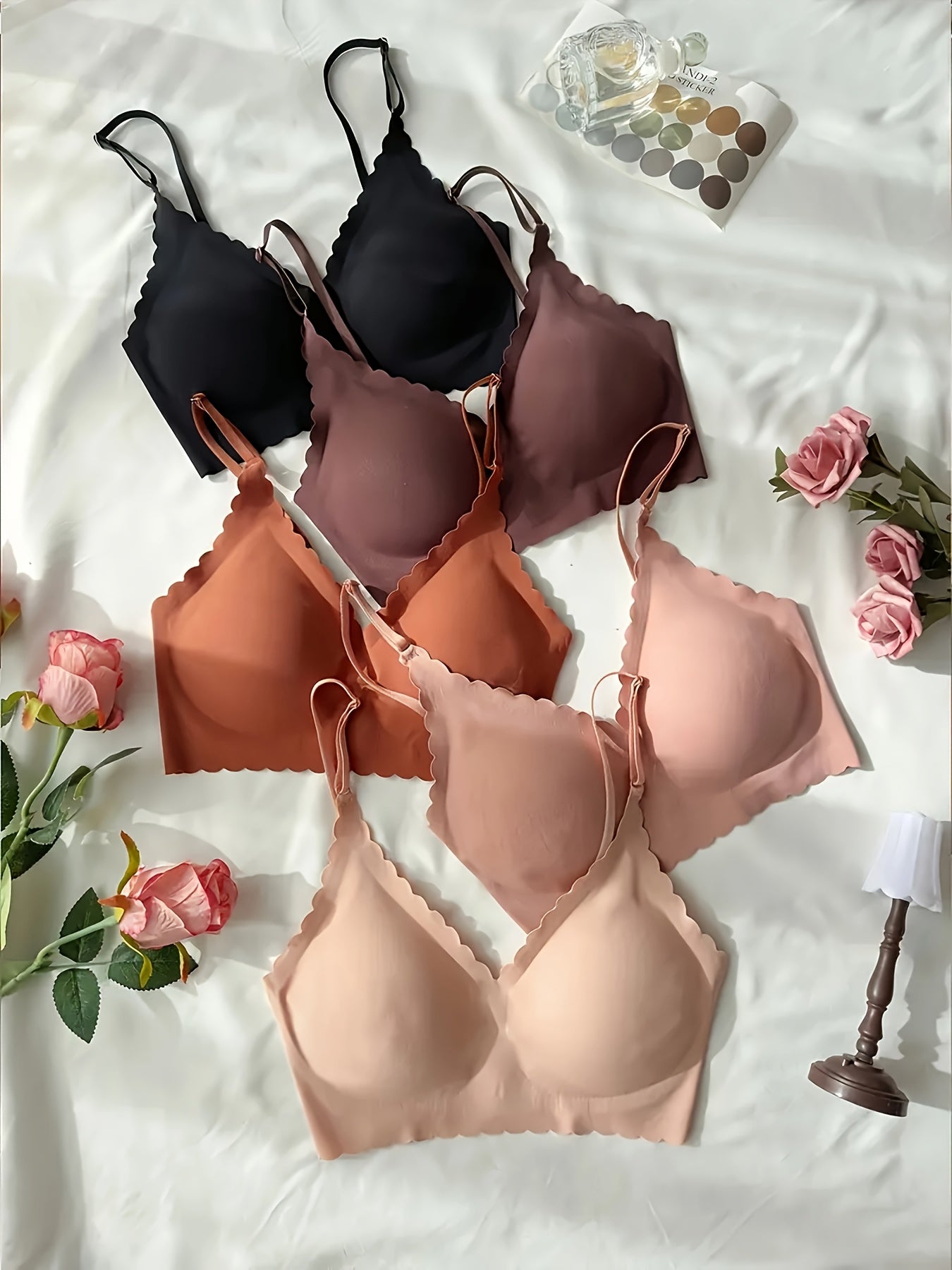 5pcs Women's Wireless Bras - No Underwire, Seamless Adhesive Bras with Removable Padding, Soft Pink/Beige/Black/, Everyday & Formal Bras for Women - Hand Wash Only, Casual Wear, Smooth Texture, Flexible Material, Pushup Bra, Fashion Essentials