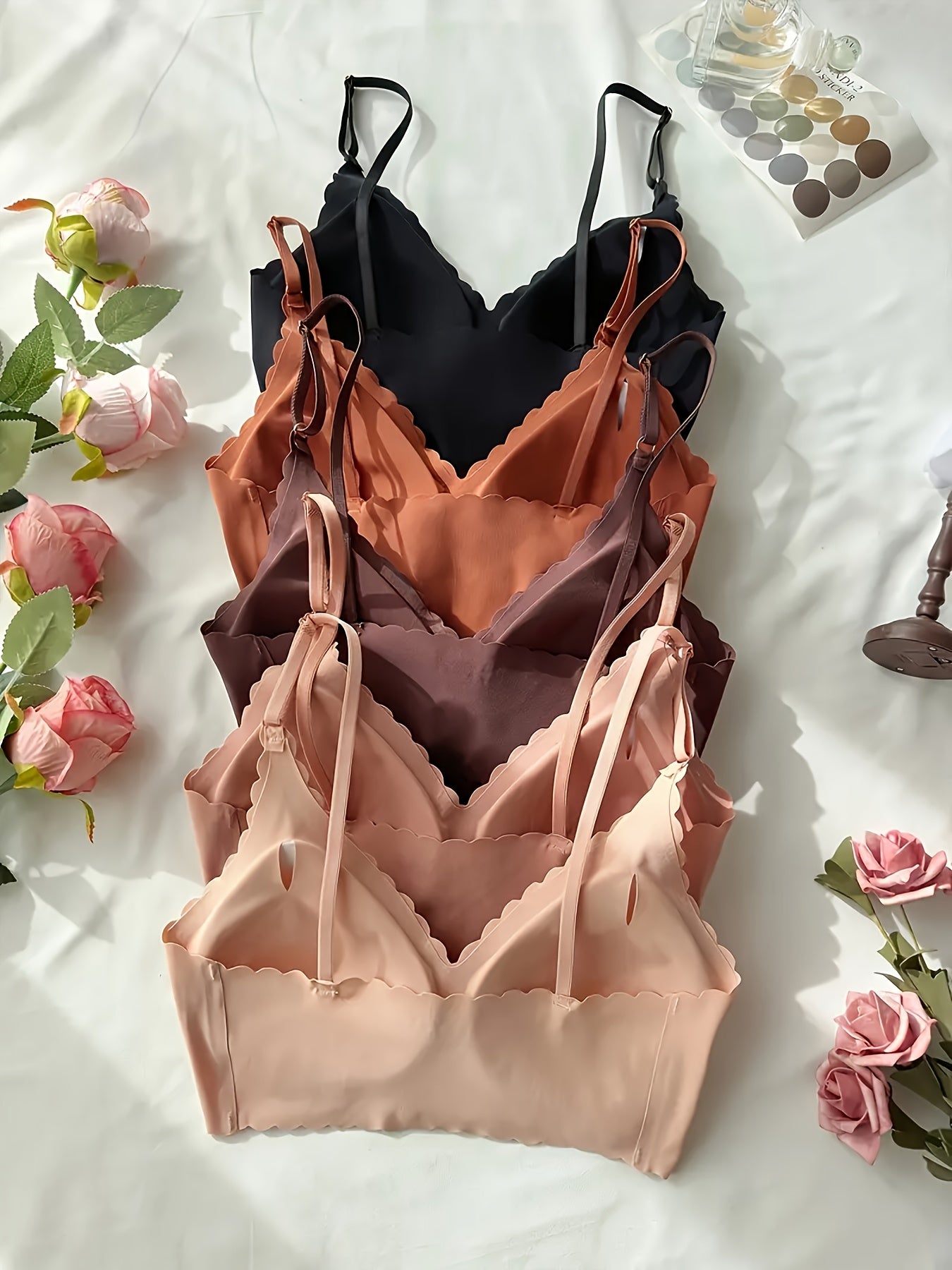 5pcs Women's Wireless Bras - No Underwire, Seamless Adhesive Bras with Removable Padding, Soft Pink/Beige/Black/, Everyday & Formal Bras for Women - Hand Wash Only, Casual Wear, Smooth Texture, Flexible Material, Pushup Bra, Fashion Essentials