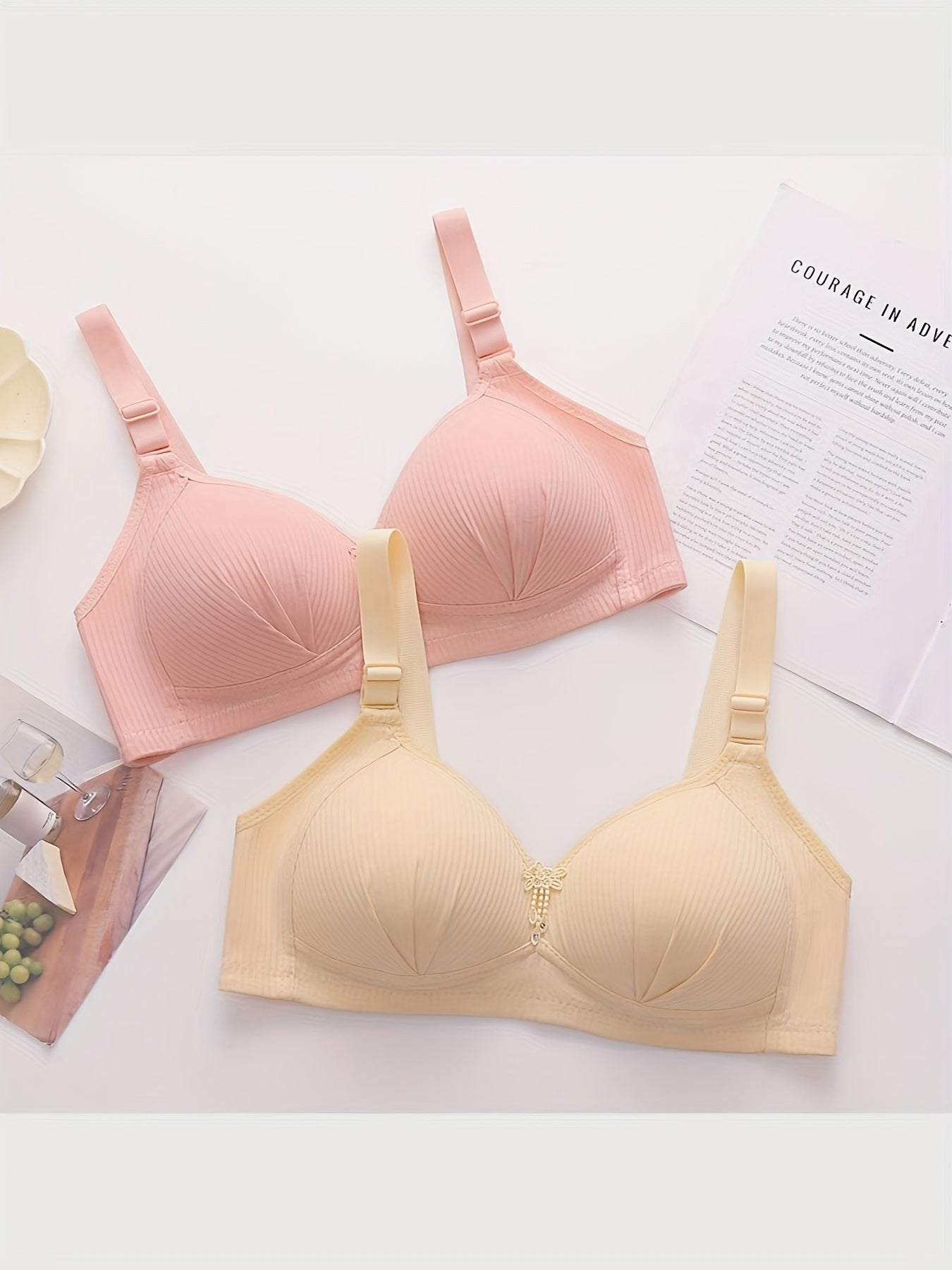 6 Wireless Full - Cup Bras for Women, with Vertical Pleats And Tassel Details - Seamless And Comfortable, No Detachable Pads, Soft And Breathable Fabric, Available in 6 Colors (Black/ Red/ Purple/ Pink/ Beige/ Light Green)
