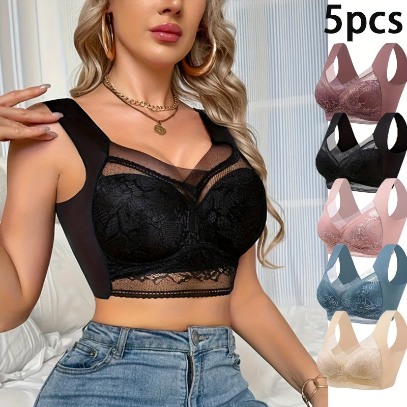5pcs Women'S Seamless Sports Bras - Wireless, Lace-Trimmed, Breathable Nylon Blend, Non-Padded, Elegant Design for Active Lifestyle, Assorted Colors (Black, White, Blue, Beige, Brown)