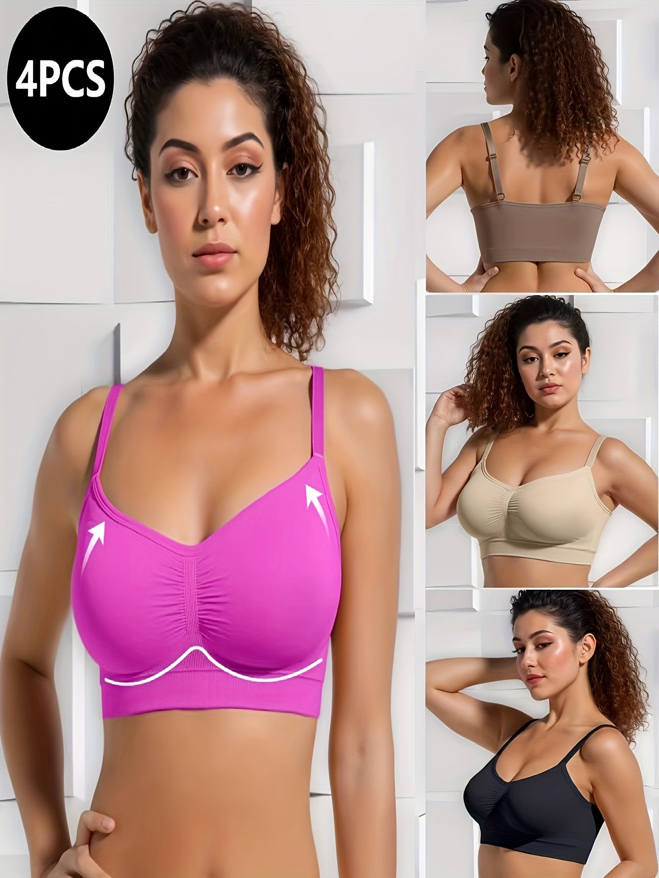 [Elegant Seamless Bra] 4pcs Elegant Seamless Bra For Women | Full Coverage, Detachable Chest Pads, No Steel Rings, High-Elasticity Pleated Edge - Yoga, Gym & Daily Wear