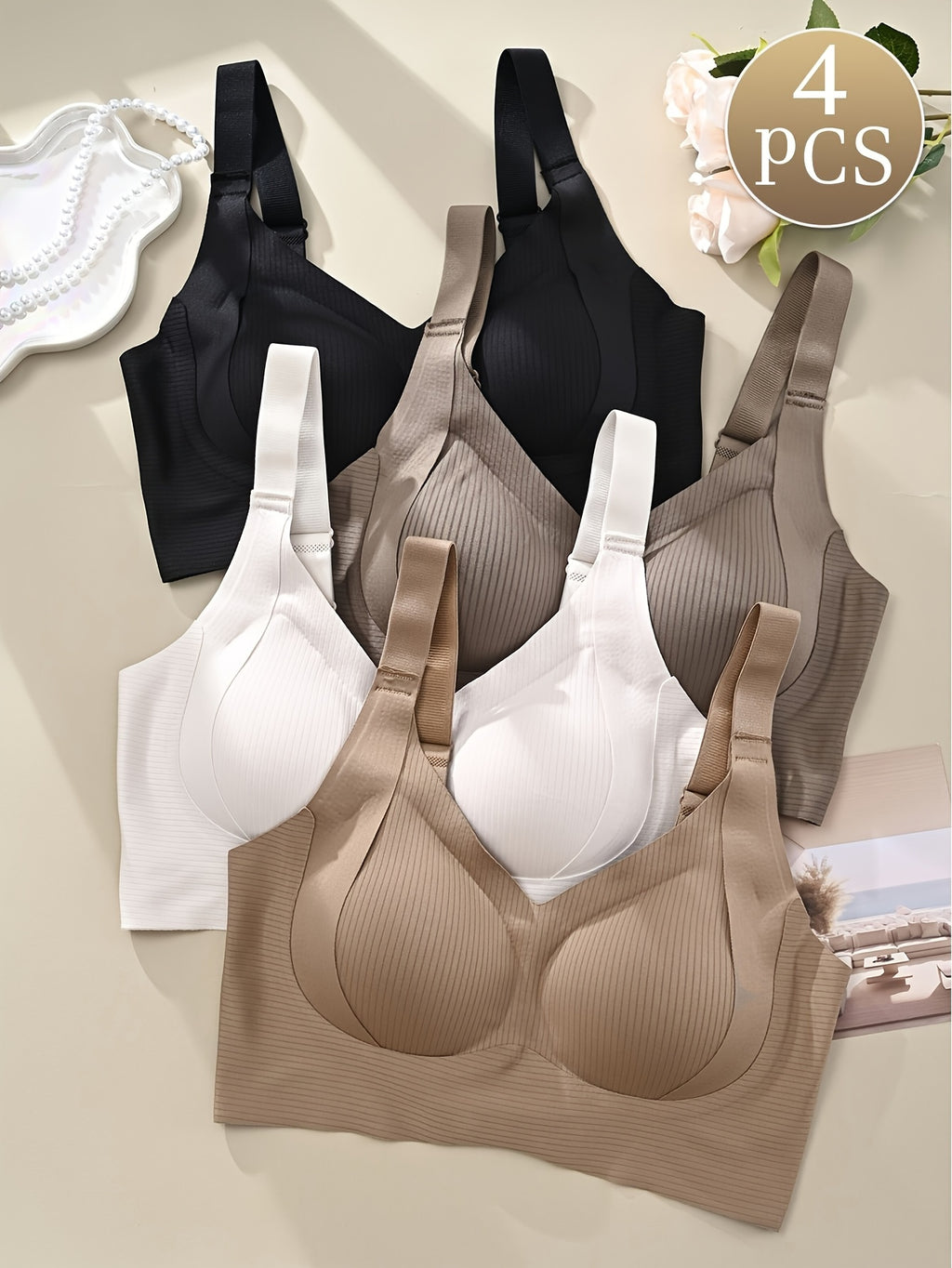 [Comfortable Bra] 4pcs Comfortable Seamless Women's Bra | Elegant Blend of Nylon and Spandex, Wide Shoulder Straps, Soft Support, No Underwire - Available in Beige, White, Black, Casual Bras
