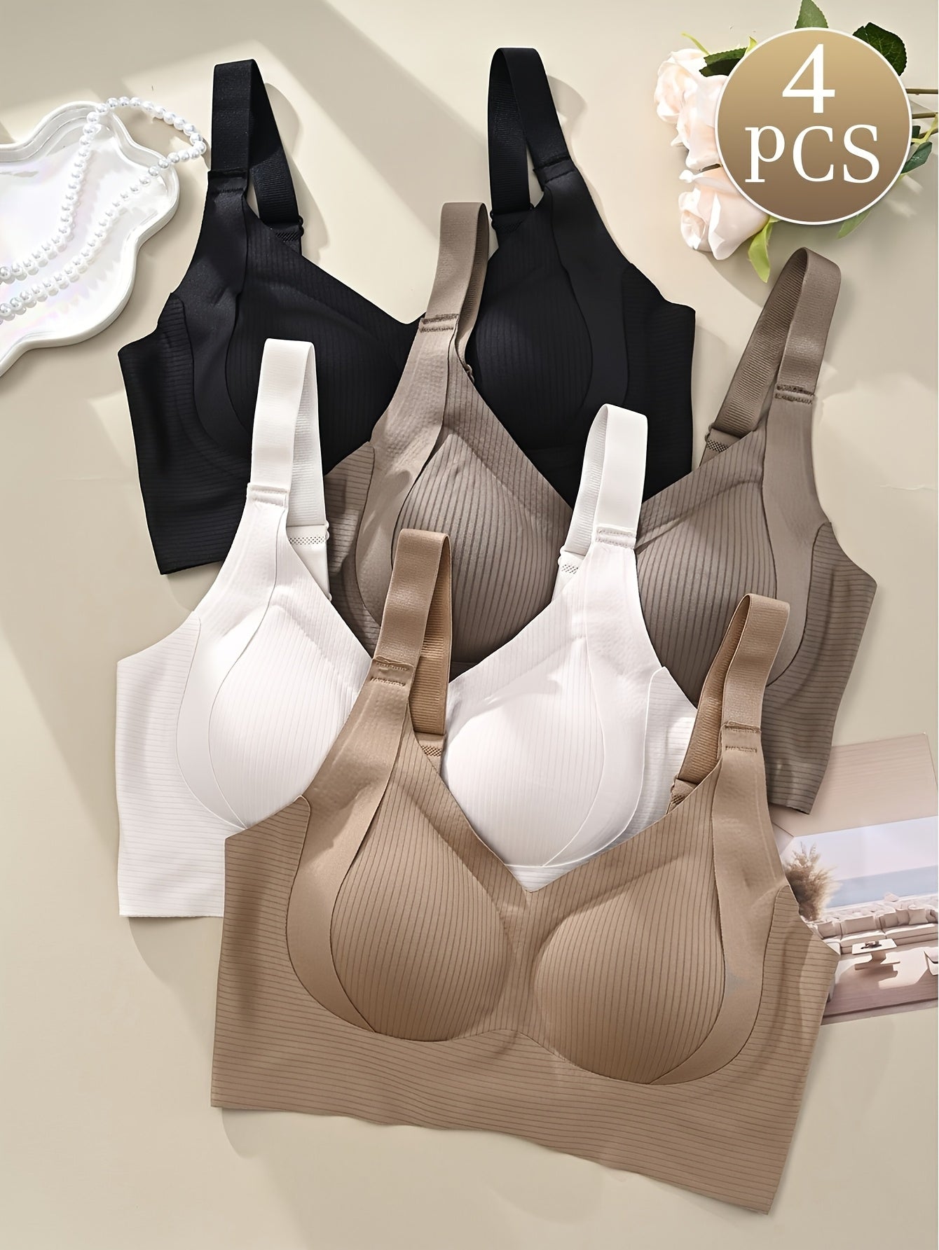 [Comfortable Bra] 4pcs Comfortable Seamless Women's Bra | Elegant Blend of Nylon and Spandex, Wide Shoulder Straps, Soft Support, No Underwire - Available in Beige, White, Black, Casual Bras