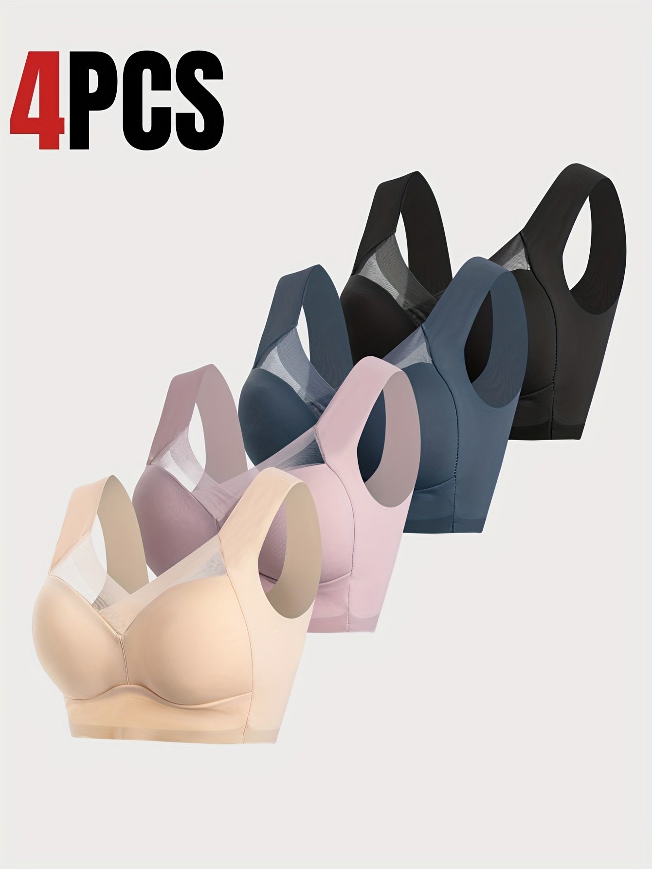 4pcs Seamless Wireless Bras for Women - Breathable Mesh, No Underwire, Full Coverage, Elegant Solid Colors (Black, Beige, Pink, Light Blue/Turquoise), Comfortable Everyday Wear | Simple Design Nylon-Elastic Fiber Blend