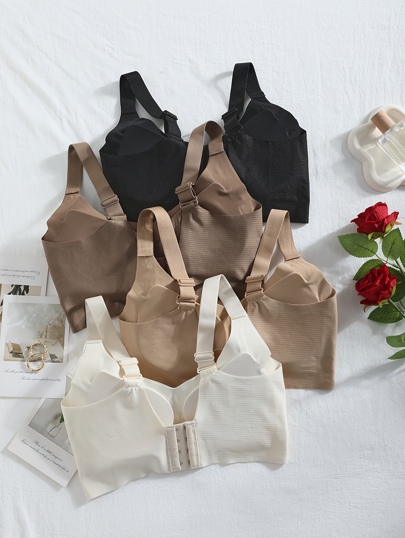 4pcs Women's Wire-Free Soft Bralettes - Medium Support Wide Strap Strapless Bras with Non-Removable Padding, Elegant Solid Colors (Black/Brown/White/Beige), Everyday Comfort & Light Beige-Friendly Fabric, Machine Washable - No Underwire for Sensitive