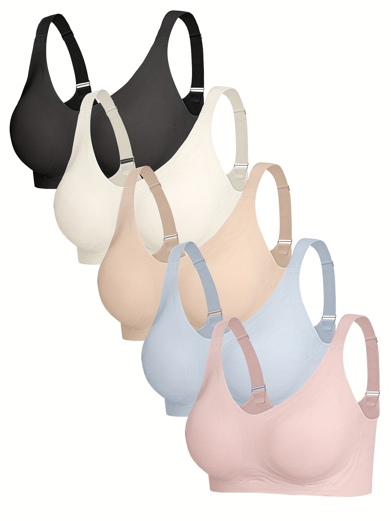 5pcs EssElegance Adjustable Back Hook Seamless Wire-Free High-Impact Sports Bras with Removable Pads, V-Neck Comfort Fit for Gym, Outdoor & Daily Wear (Black/White/Light Pink/Beige/Pink), Gym Wear, Adjustable Straps, Durable Construction, Supportive Bra,