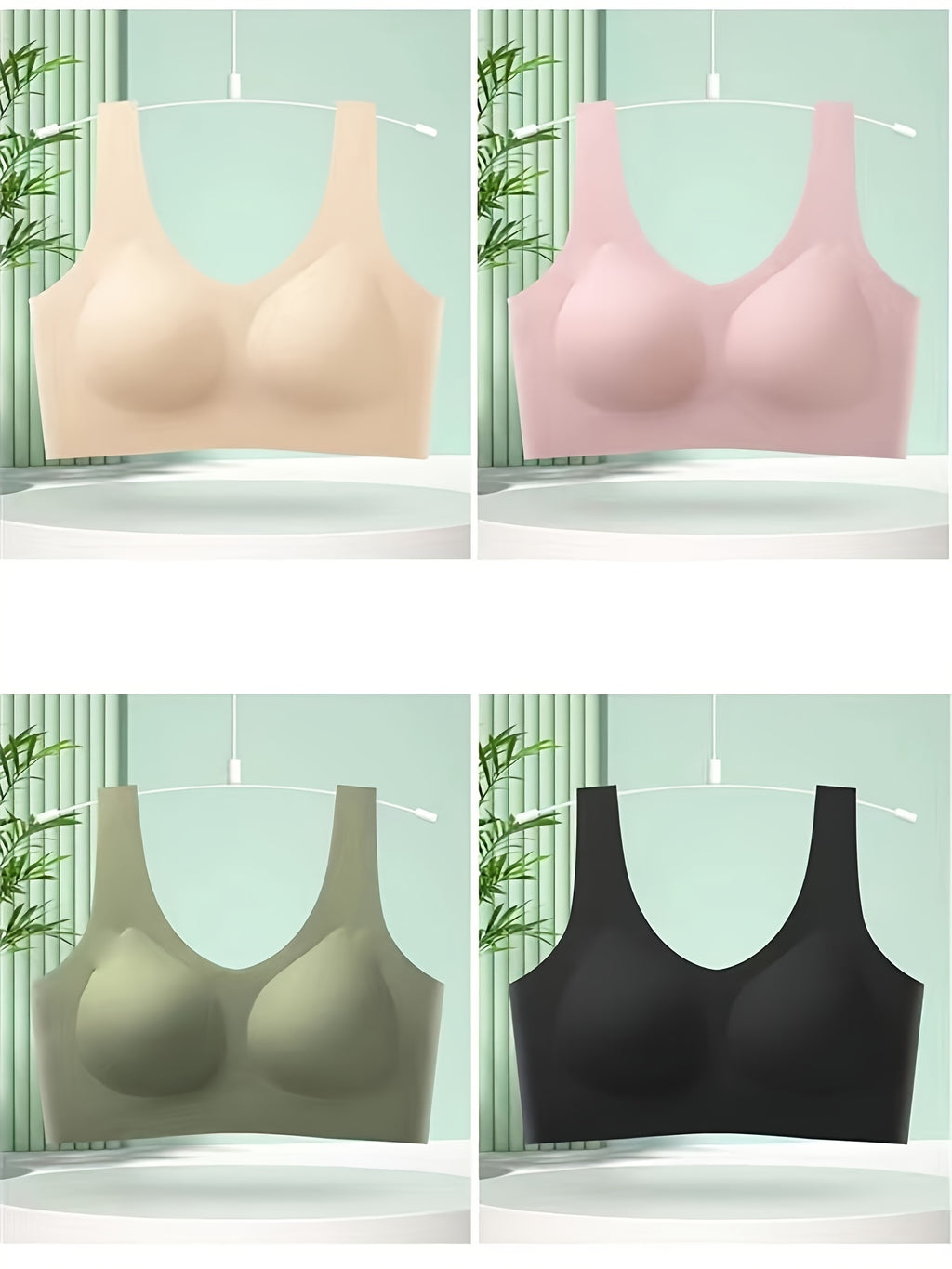 [Seamless Wire-Free Bralettes] 4pcs Seamless Wire-Free Bralettes & Push-Up One-Piece Breast Wraps - Traceless Comfort, Cross-Back Design, Non-Removable Pads, 4 Colors (Beige/Pink/Light Green/Black) for Everyday & Clothing