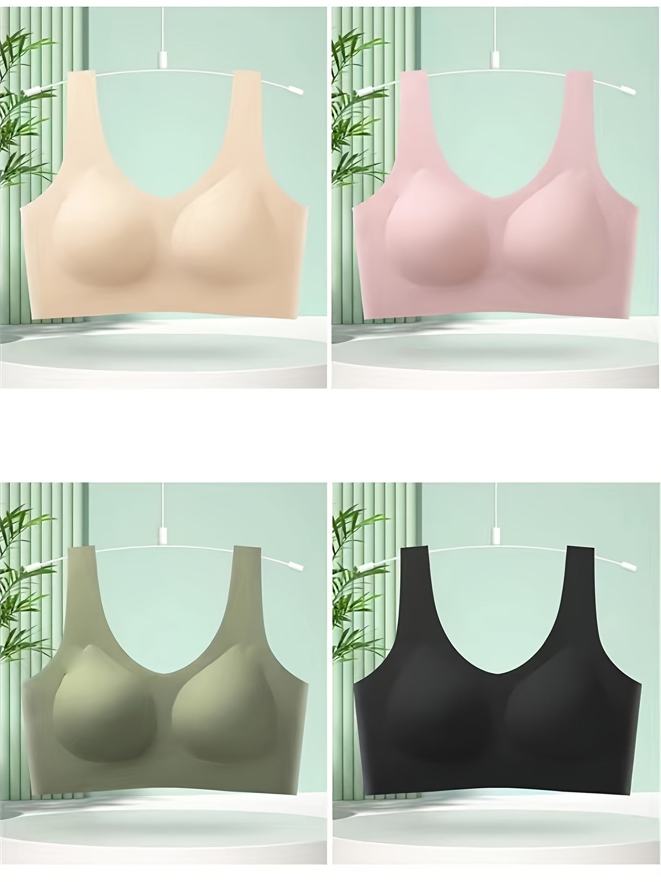 [Seamless Wire-Free Bralettes] 4pcs Seamless Wire-Free Bralettes & Push-Up One-Piece Breast Wraps - Traceless Comfort, Cross-Back Design, Non-Removable Pads, 4 Colors (Beige/Pink/Light Green/Black) for Everyday & Clothing