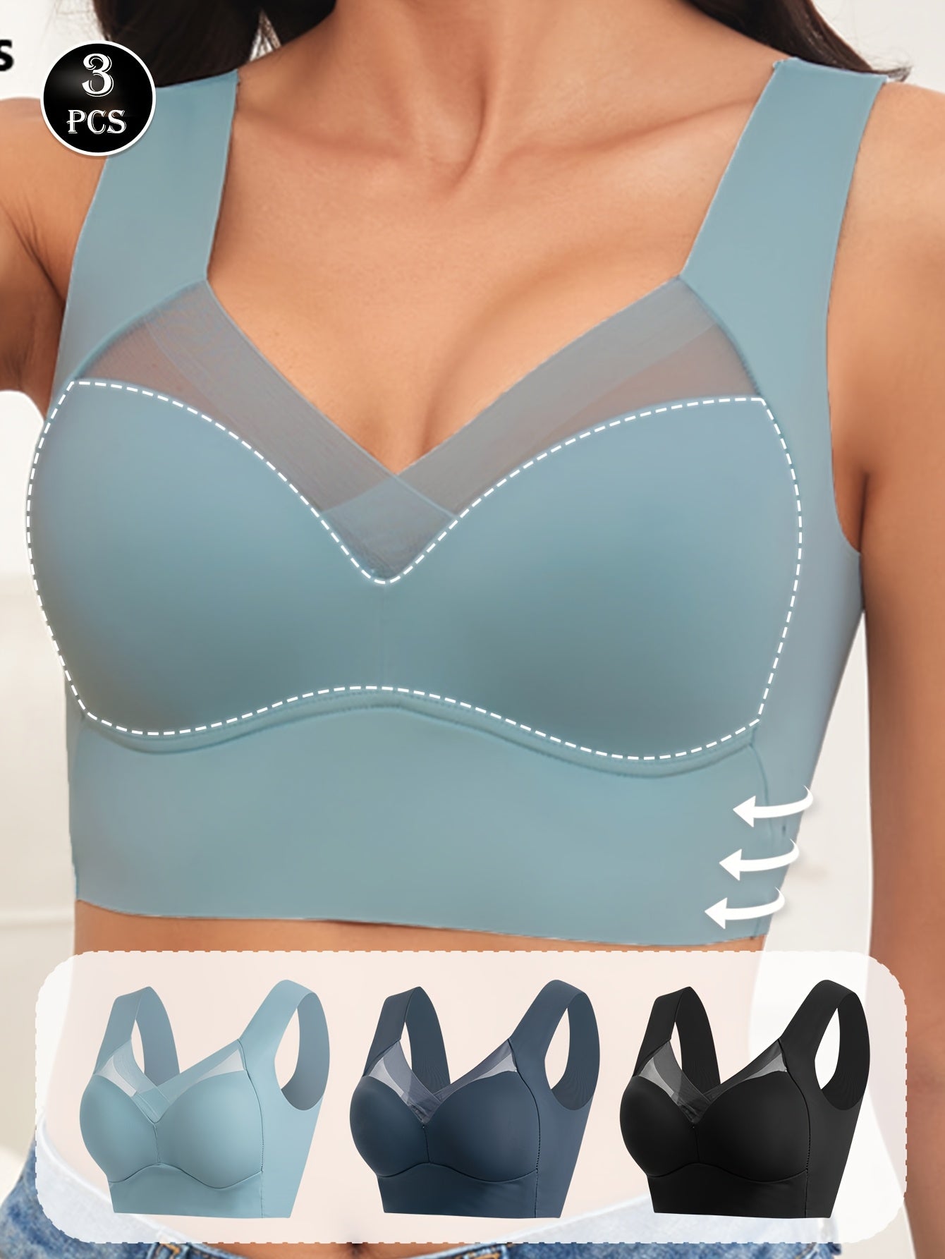 3pcs Women'S Seamless Wireless Bras - Breathable Full Coverage Mesh Panel Design, Cross Wrap Thin Lift & Side Breast Coverage, Soft Pink/Beige/Light Blue, Non-Removable Padded Cups for Yoga, Running, Gym & Everyday Comfort, Yoga Accessories, Elegant