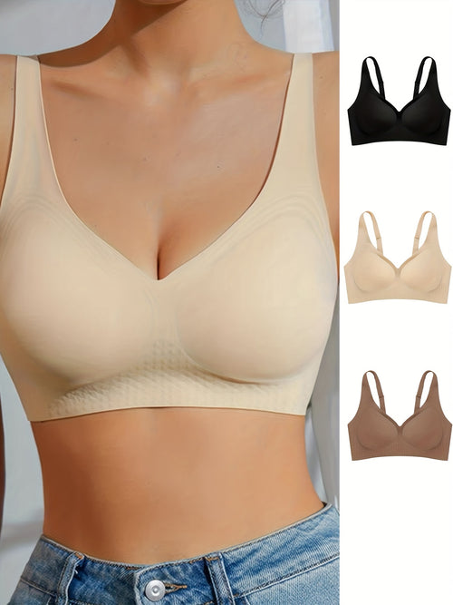 3pcs Seamless V-Neck Wireless Bras with Removable Pads - Ice Silky Cool & Breathable, Quick-Drying Support for Everyday Comfort, Beige/Nude, Black, Light Pink/Beige Blend, Versatile Undergarment | Detachable Padding Bra | Breathable Fabric
