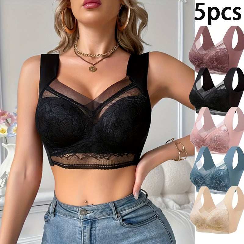 5pcs Women'S Seamless Sports Bras - Wireless, Lace-Trimmed, Breathable Nylon Blend, Non-Padded, Elegant Design for Active Lifestyle, Assorted Colors (Black, White, Blue, Beige, Brown)